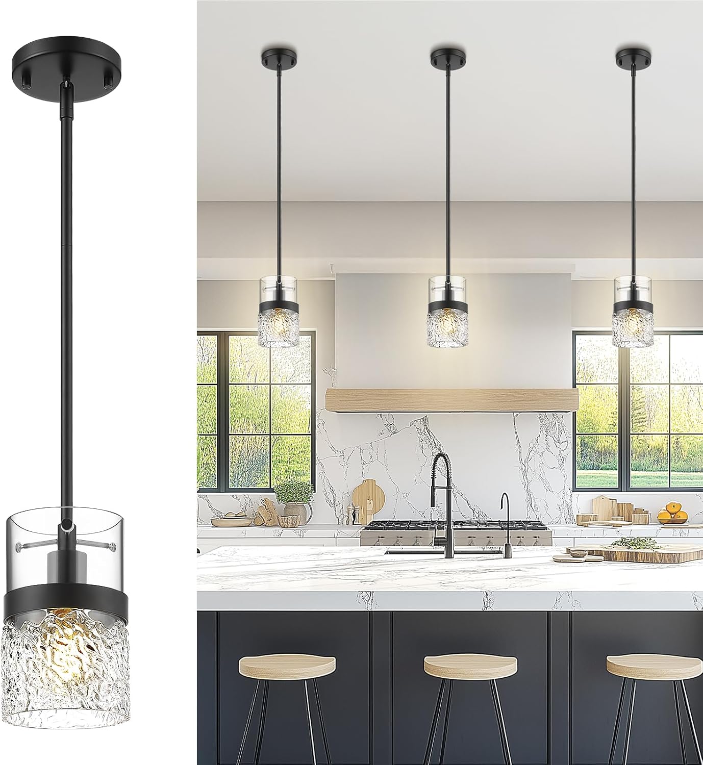 LMS 5 Inch Dia Black Pendant Light, Modern Hanging Lamp for Kitchen Island with Adjustable Rod, Medium Linear Light Fixtures with Hammered Glass, LMS-171PL-BKM Black -Hammered Glass 5" Hammered Glass, 1 pack
