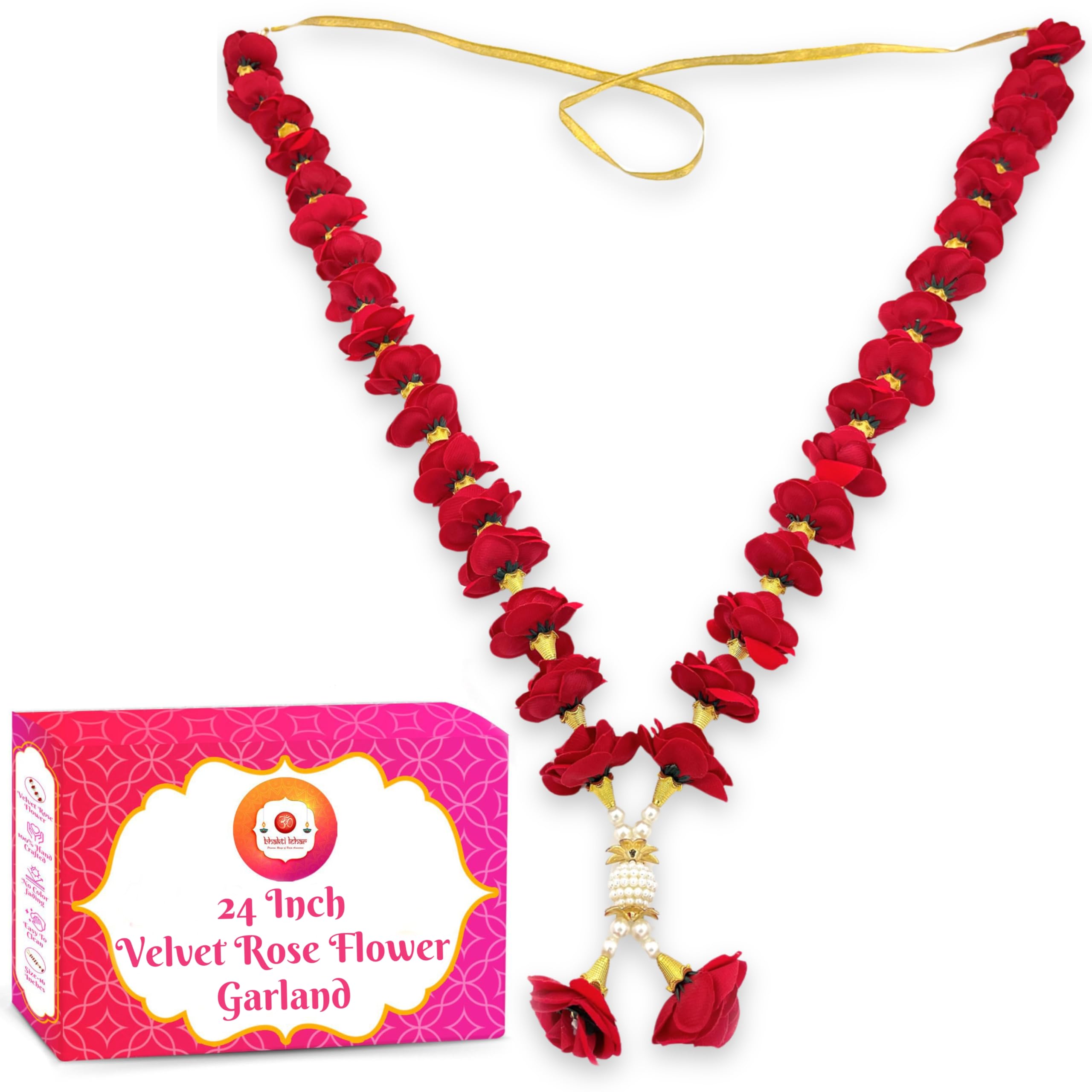 Bhakti Lehar (Size: 24 Inch) Artificial Velvet Rose Flower Garland for Photo Frame and God Idol/Artificial Pearl Moti Gulab Mala Haar for Bhagwan Murti and Loved Ones