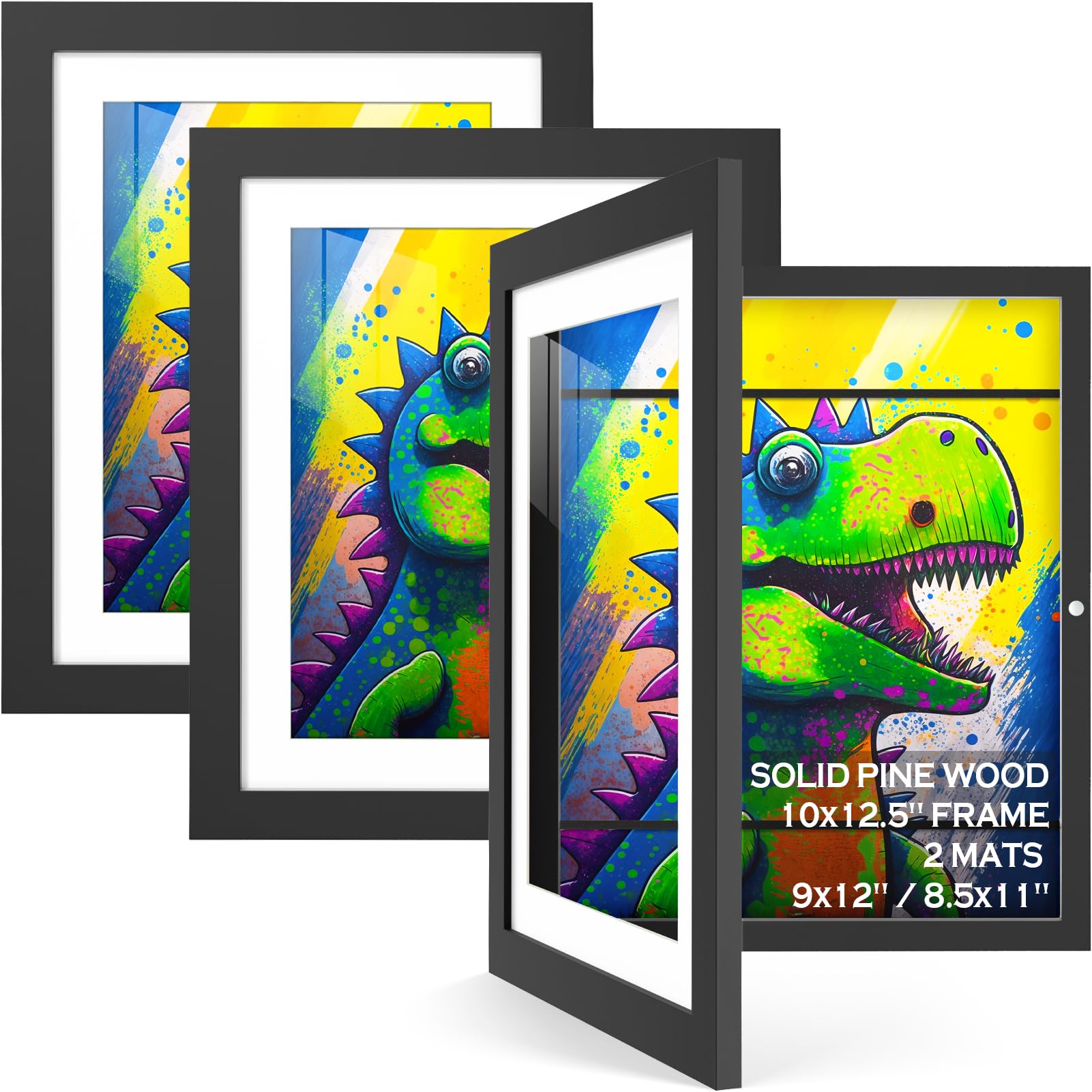 3 Pack Kids Artwork Frames Changeable, Front Opening 8.5x11/ 9x12 Picture Frame With Mat & 10x12.5 Without Mat, Kids Art Frames, Solid Wood Frames for Diamond Art Storage, Painting, Drawing, Holds 150