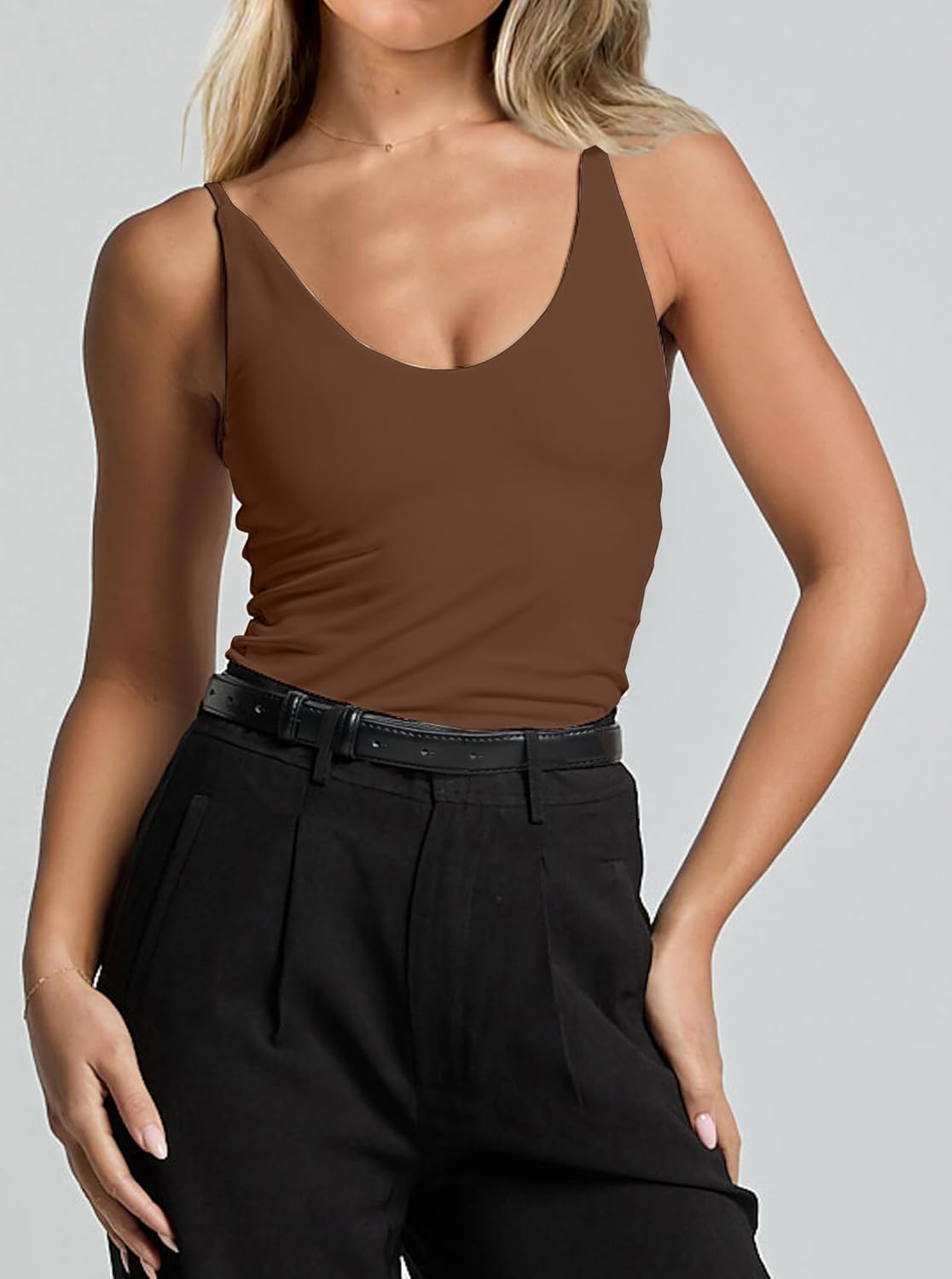 CSDAJIO Women's Sexy Scoop Neck Adjustable Spaghetti Strap Fitted Tank Top Double Lined Seamless Cami Sleeveless Shirt - Image 6