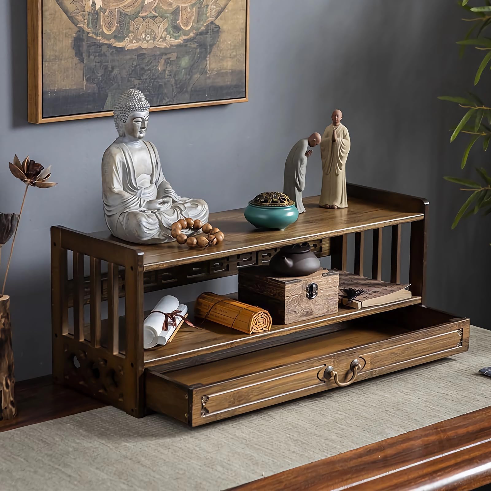 Floor Table, Altar Low 2-Tier Meditation Table with Drawers Bamboo Coffee Table for Sitting Japanese Tatami