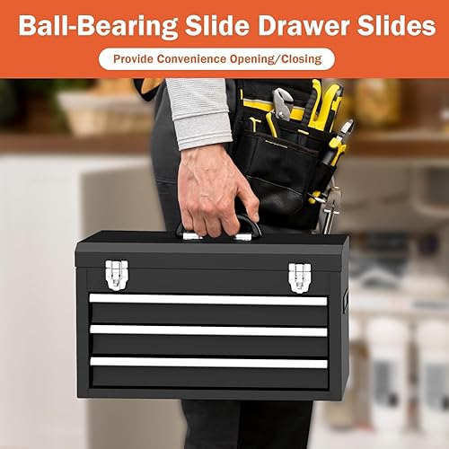 Miniatura 8 de Caja de herramientas de metal portátil, caja de herramientas de acero con 3 cajones con bandeja de almacenamiento superior y asa de transporte,