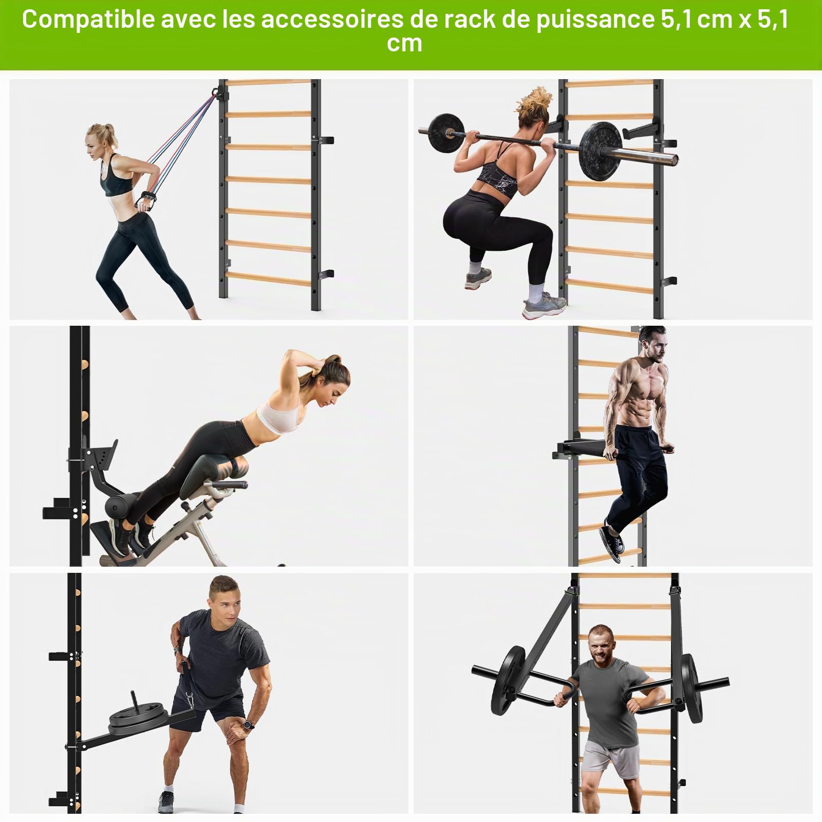 Kipika Barre de stalle de gymnastique – Échelle suédoise de 5,1 x 5,1 cm avec trou de 2,5 cm, échelle barre de traction murale suspendue d'entraînement, poignées en bois massif, barre d'entraînement