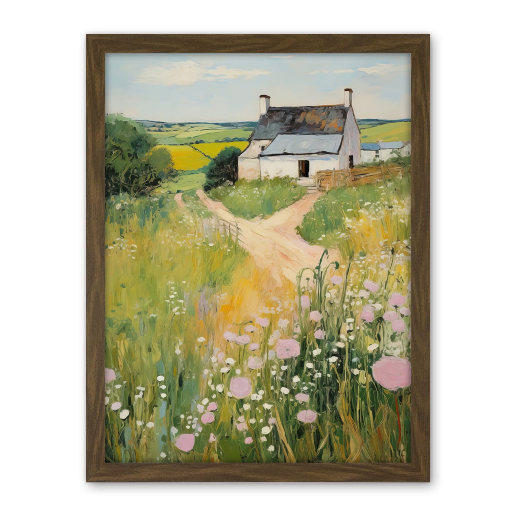 Artery8 Country Farmhouse Cottage Scene Traditional Landscape Oil Painting Meadows Countryside Summer Artwork Framed Wall Art Print 18X24 Inch