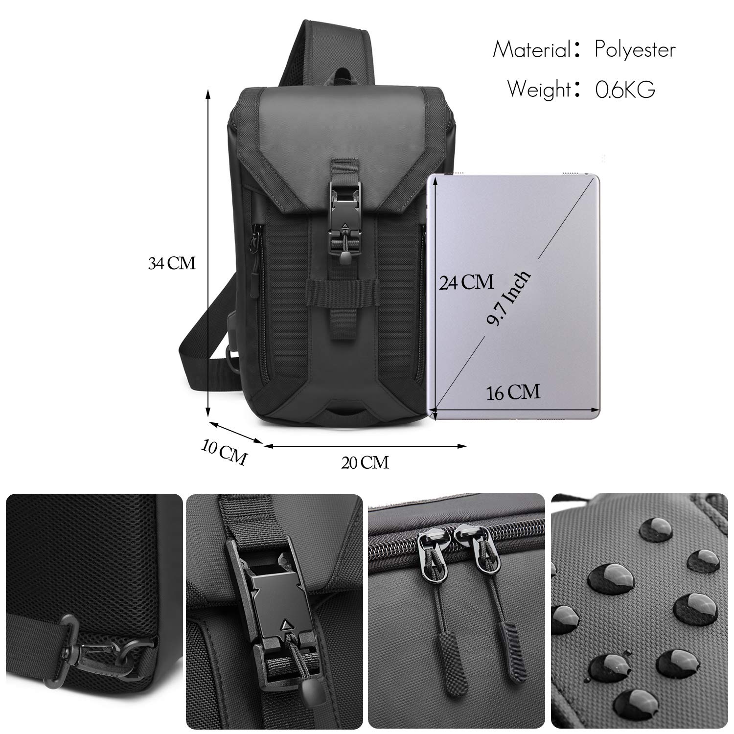 FANDARE Anti-Robo Bolso Pecho Bolsos de Hombre y Pecho con USB Negocio Sling Bag Gran Capacidad Bolsos Cruzados Bandoleras Cruzada Mochilas y Bolsas de Viaje Deportes Ciclismo Montañismo Poliéster