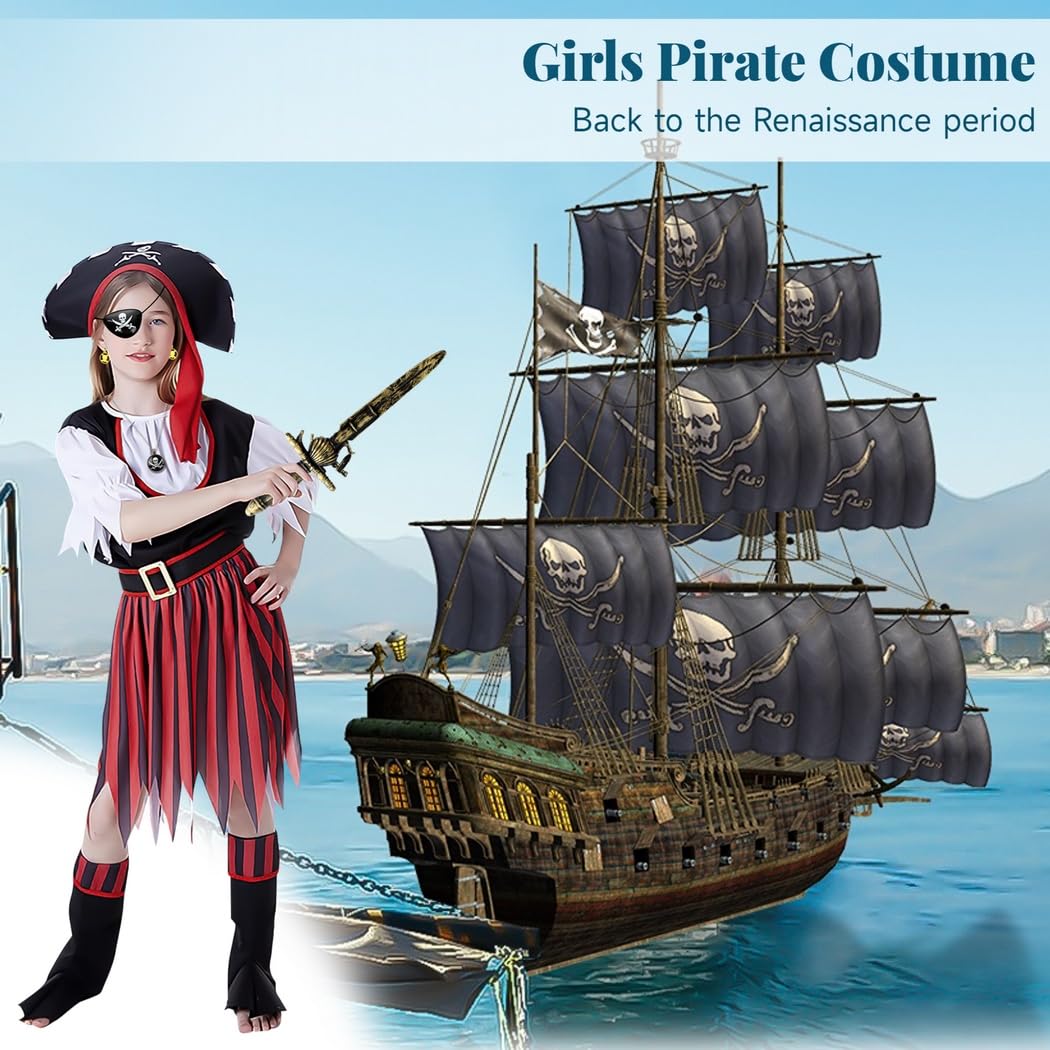 Piratenkostüm für Mädchen, Buccaneer-Verkleidungsset für Kinder, Cosplay-Piratenoutfit mit Augenklappe, Hut, Stiefelüberziehern und Accessoires, Rollenspiel-Kostüm