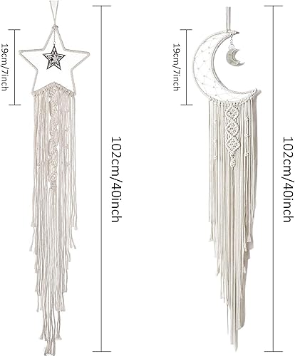 Miniatura 9 de Decoración de atrapasueños de luna y estrella, 2 piezas boho para el hogar, luna y estrella, macramé para colgar en la pared, decoración bohemia