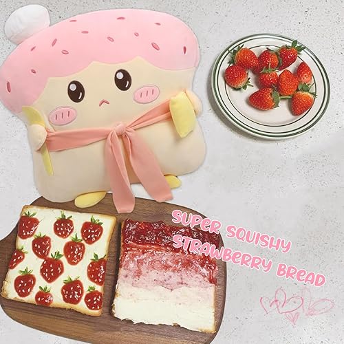 Miniatura 5 de ARELUX Divertida almohada de pan rebanado de tostada de 17.7 pulgadas, almohada rosa con forma de pan rosa para abrazar con bufanda roja, cojín