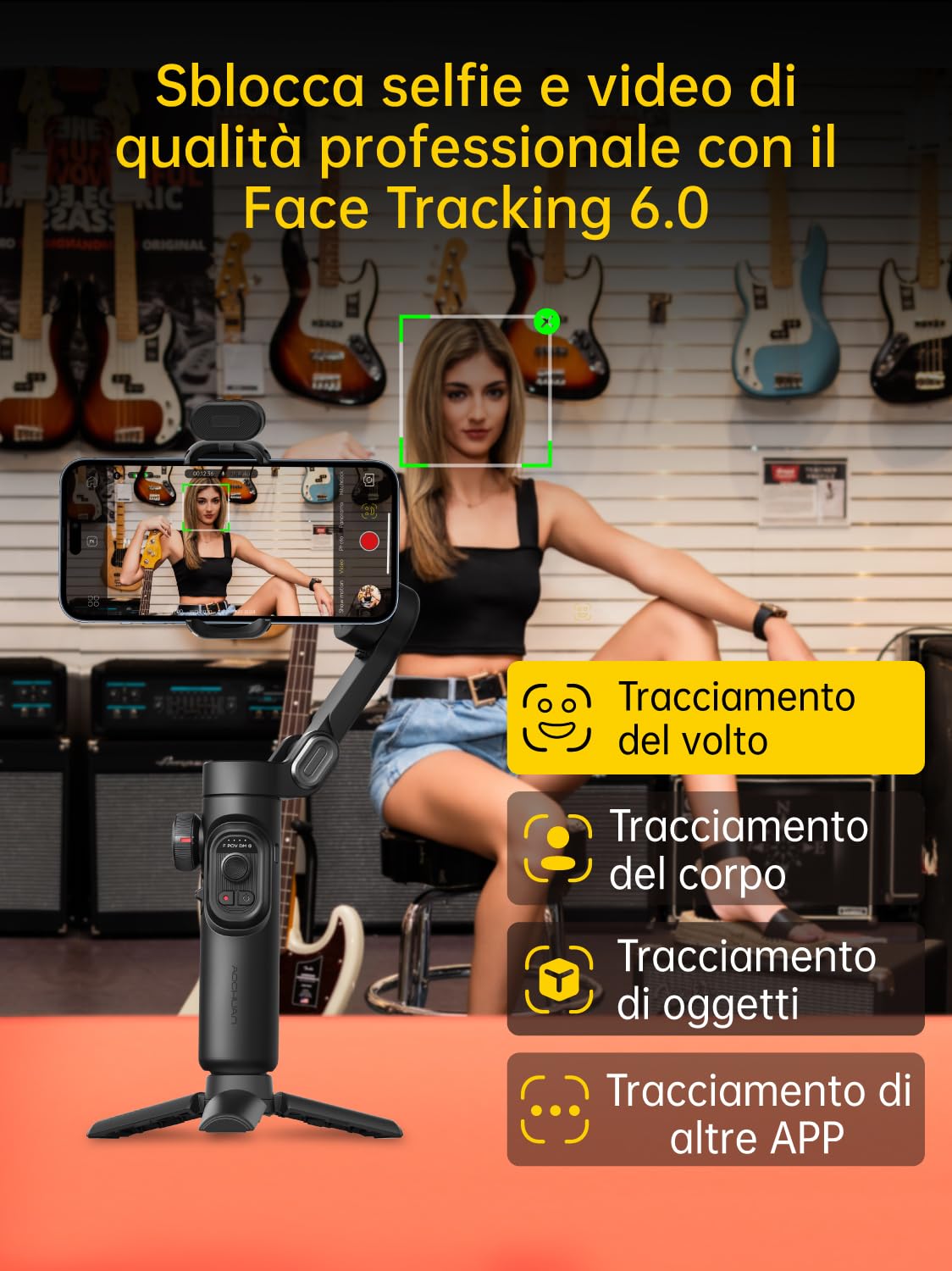AOCHUAN Stabilizzatore per smartphone pieghevole a 3 assi con luce RGB magnetica, rilevamento del viso e rotella di messa a fuoco - Compatibile con iPhone/Android per vlogging - Smart XE Kit