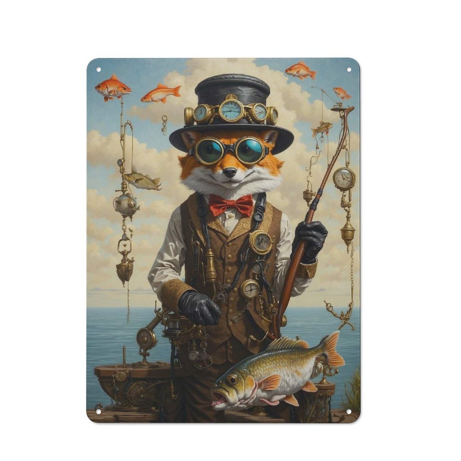 Junmoney Steampunk Fox Bass Fishing Metal Wall Plaque 40X30cm, Everyday Small Space Decor For Flat, Dorm Room, Lounge Or Cafe