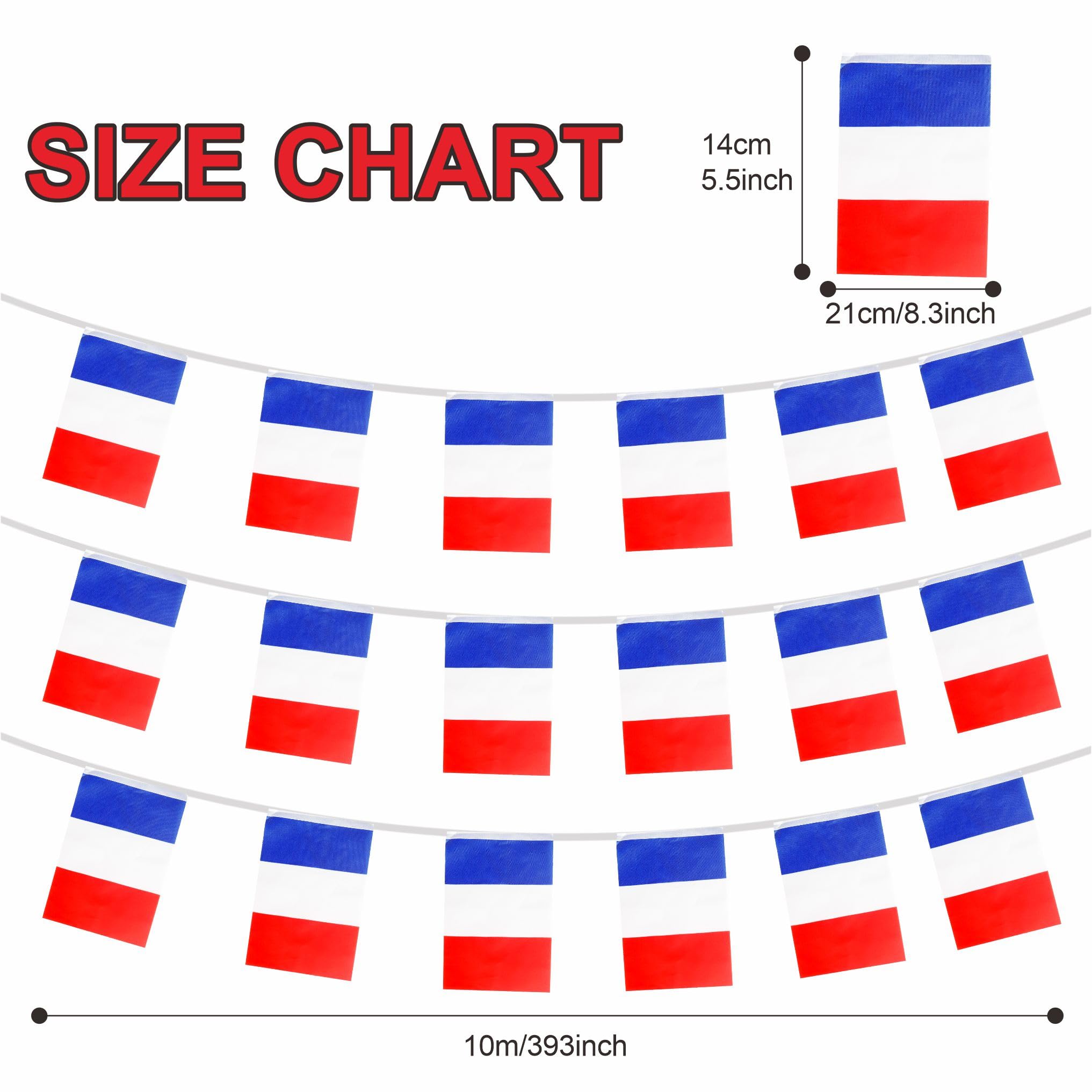 Guirlande de 30 drapeaux de la France - 14 x 21 cm - 10 m - Motif football européen 2024 - Décoration de fête pour événements sportifs - Intérieur ou extérieur - Jardin - Bar