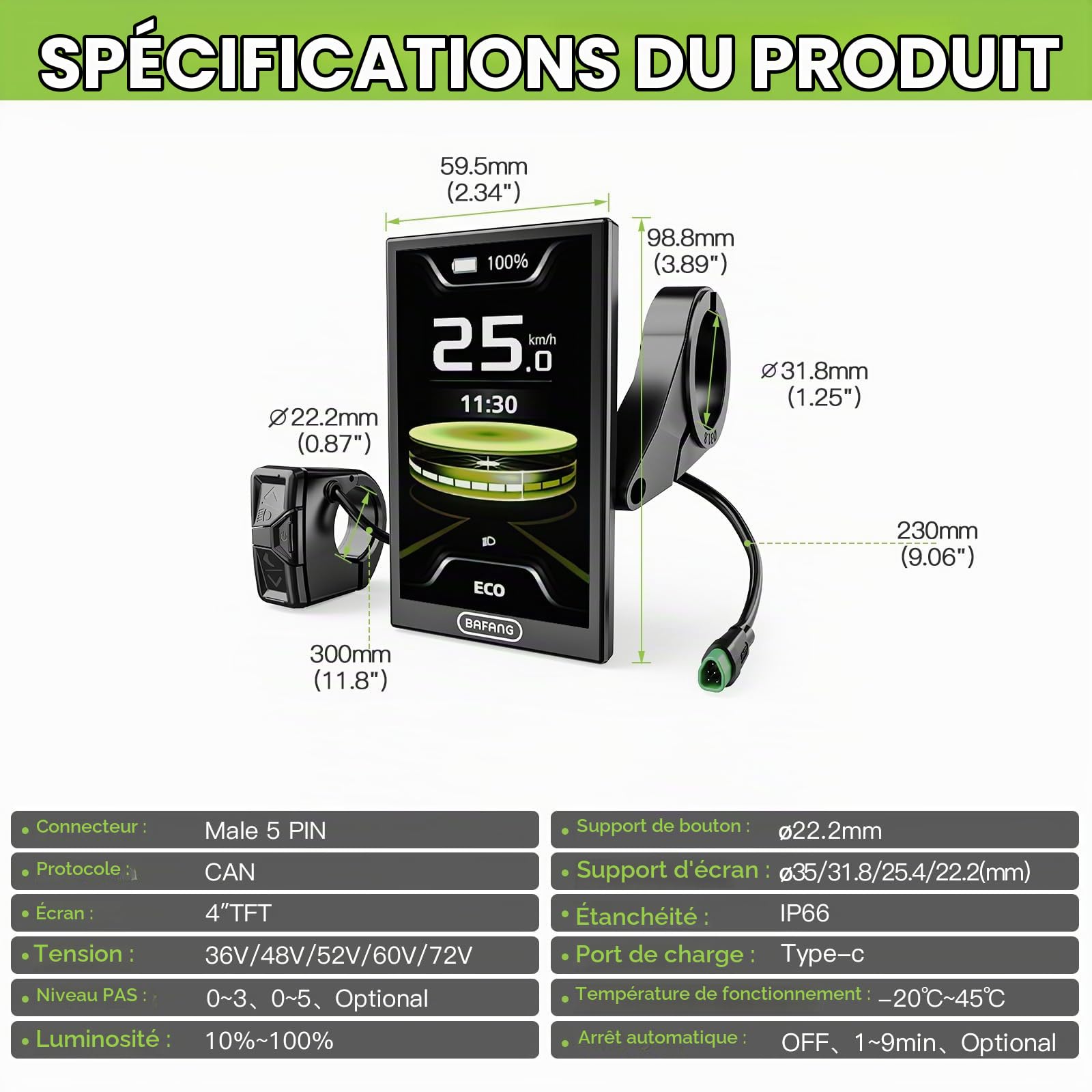 BAFANG Écran DPC010 avec BBS01B, BBS02B, BBS-HD Can Triangulaire | Compatible avec les moteurs centraux M200 M400 M500 M600 M620 M420 et les dernières versions