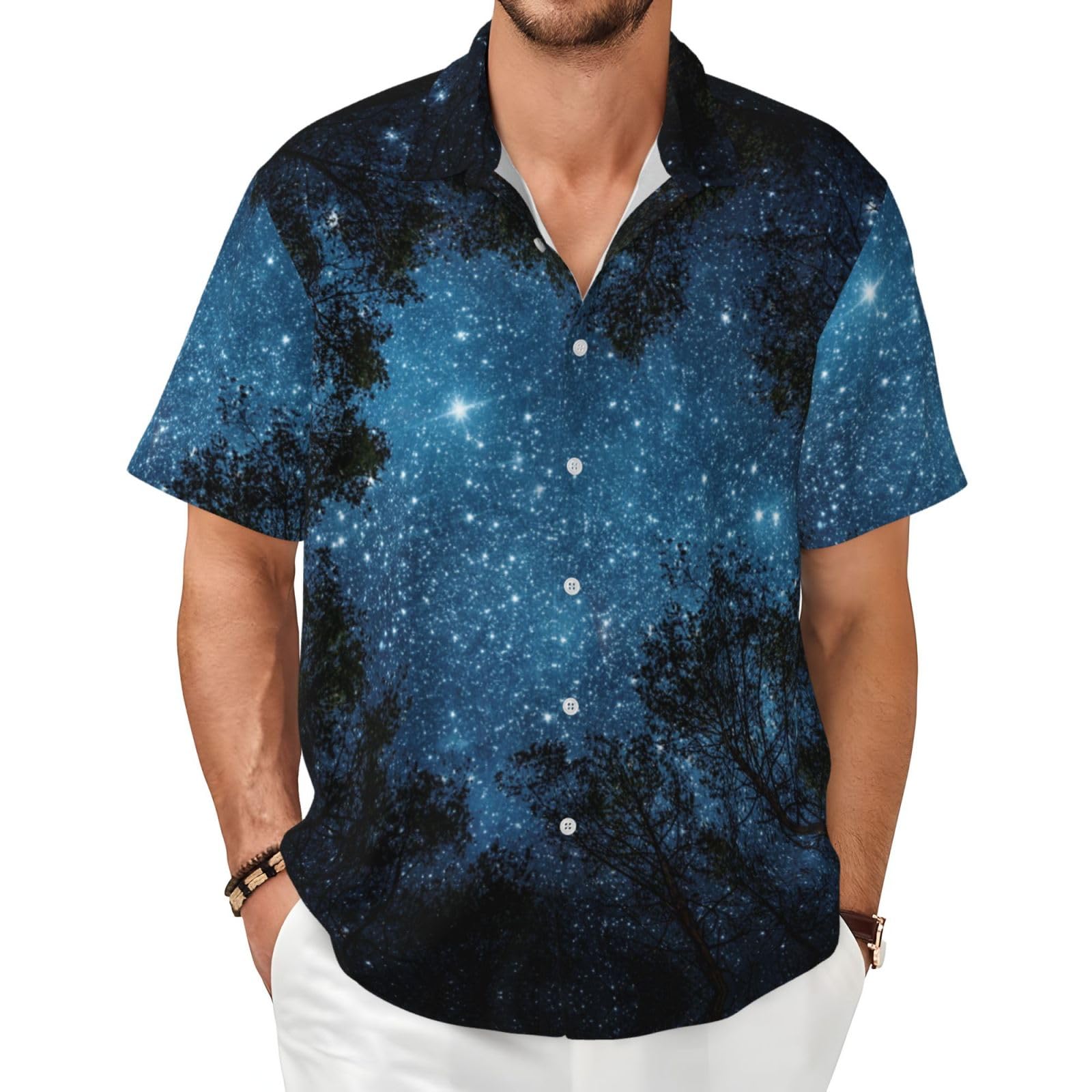 XIAKU Ohio State Gray Men's Shirts Short Sleeve Casual Fashion Polo Button Down Shirt for Men Beach Summer Wedding Pocket, Beautiful Night Sky, Large