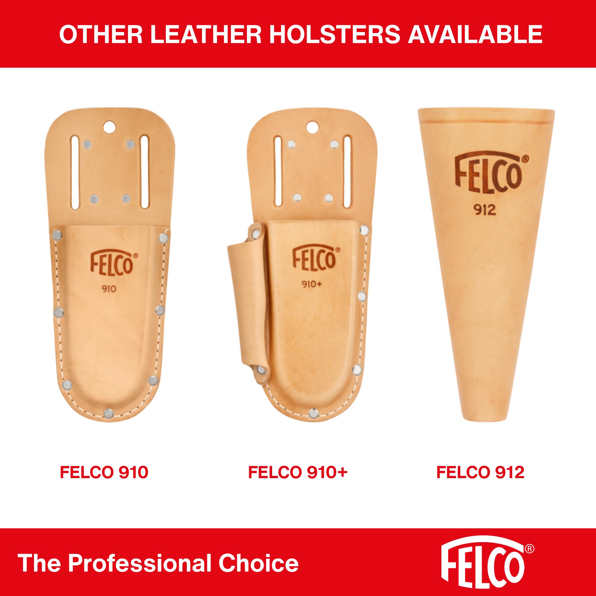 FELCO 912 funda de cuero para tijera FELCO pequeña a mediana (S a M) compatible 14, 15, 16, 12, 17, cónica universal, fijación cinturón o clip, 150 mm, 65 g, fabricación suiza