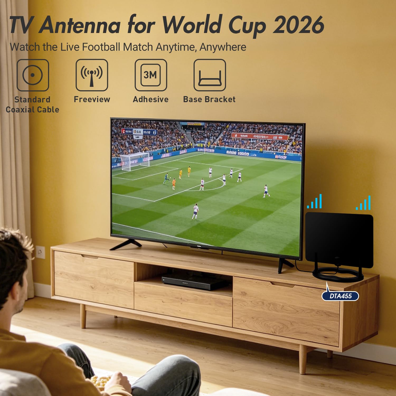 August DTA455 Antenna TV DVB-T/T2, Antenna Digitale HDTV Interna 1080p+ Guadagno di 5dBi e Portata di 50km - Grande e piatta Montaggio a terra o a parete 3m Cavo - Nero