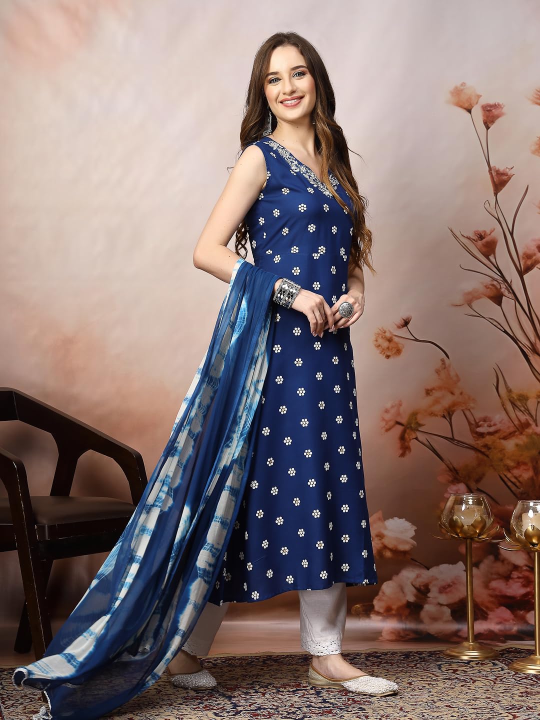 Stylum Women's Floral Printed & Embroidered Rayon A-Line Kurta Dupatta Set (Kdroyalrasna34_Royal Blue, Xs)