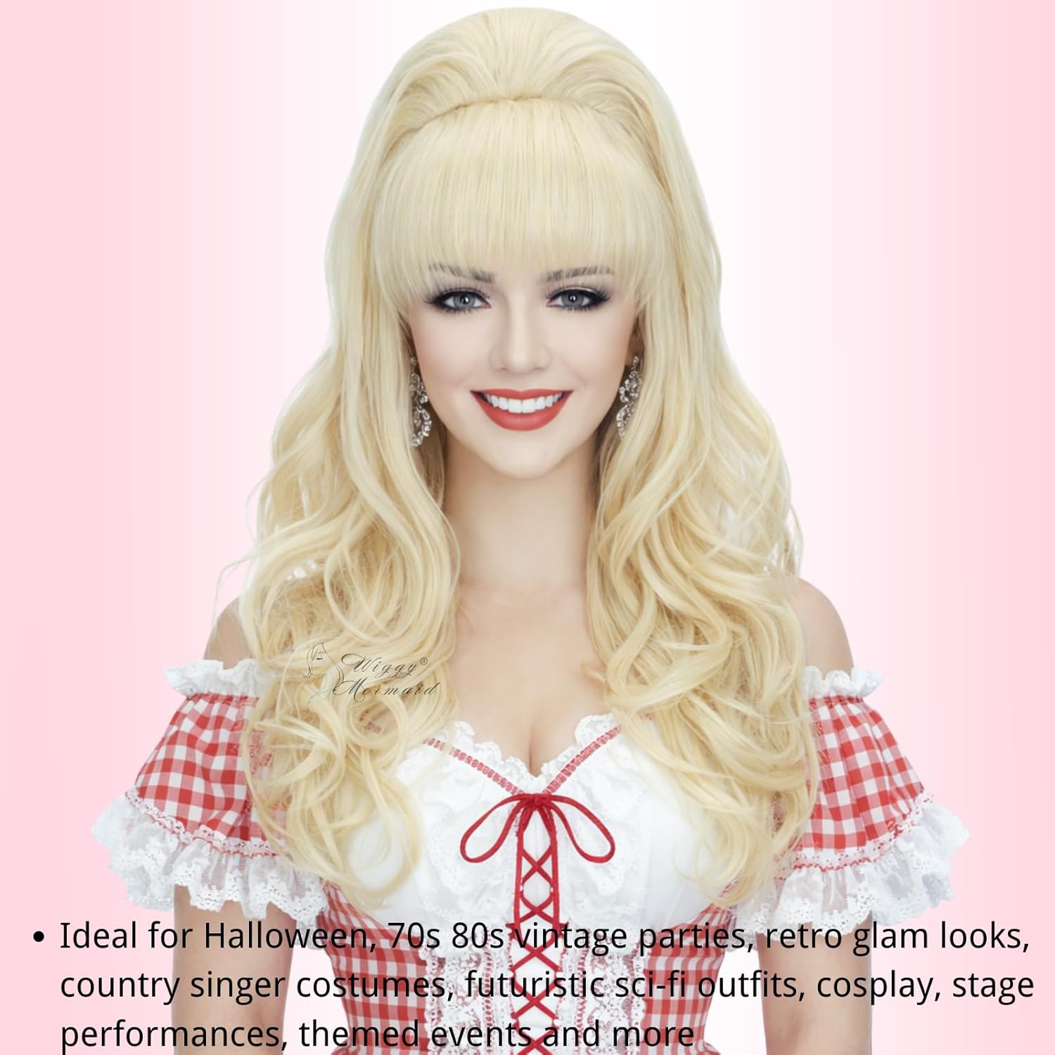 Wiggy Mermaid Blonde Beehive Wig 70s 80s Long Curly Big Hair Women Vintage Bouffant Updo Fembot Wig for Halloween Party Country Singer Costume + Cap - Image 8
