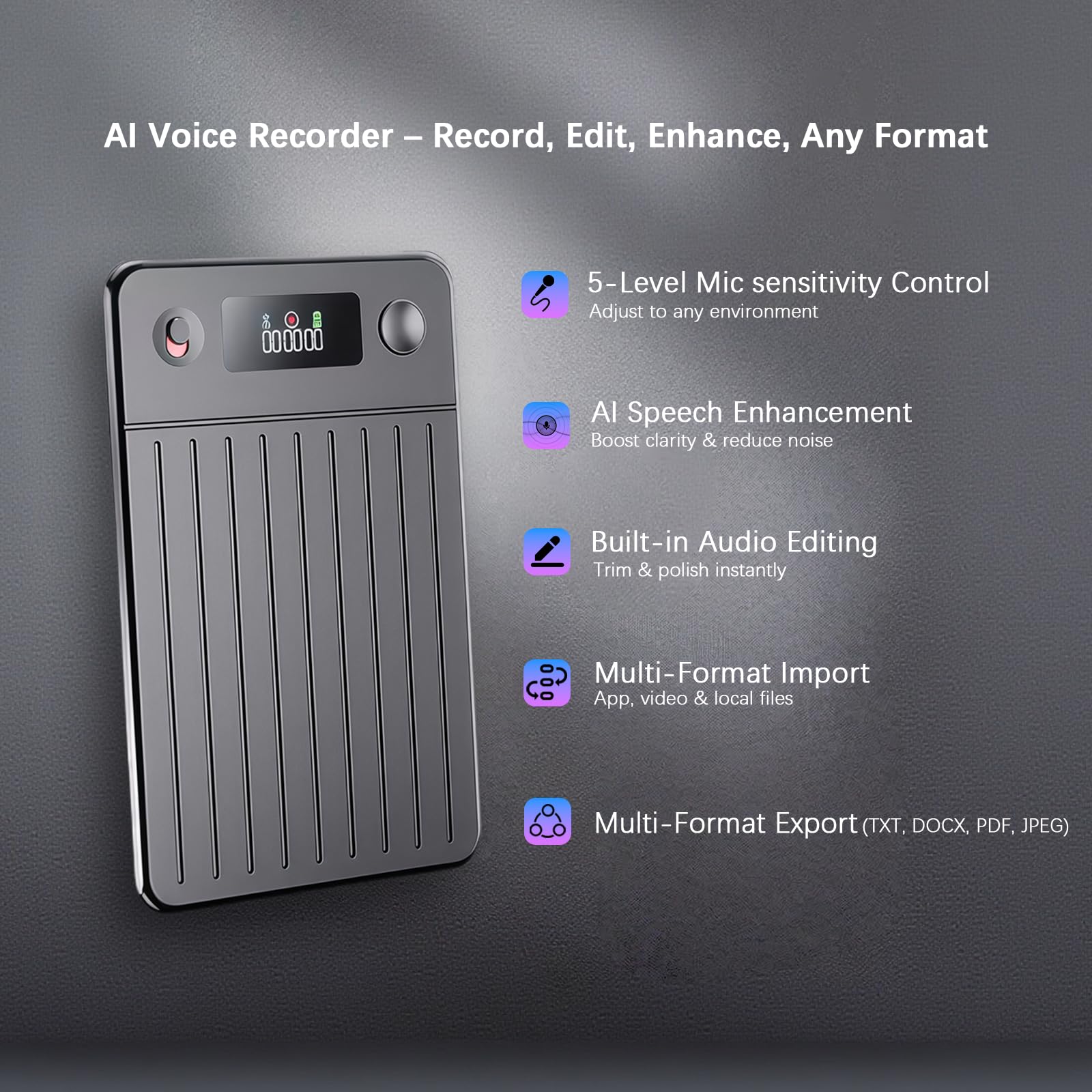 64GB Dictaphone Enregistreur Vocal IA – Transcription et Traduction dans 256 Langues, 1 200 Minutes gratuites par Mois, Double Microphone AI avec réduction du Bruit, écran HD pour Les réunions