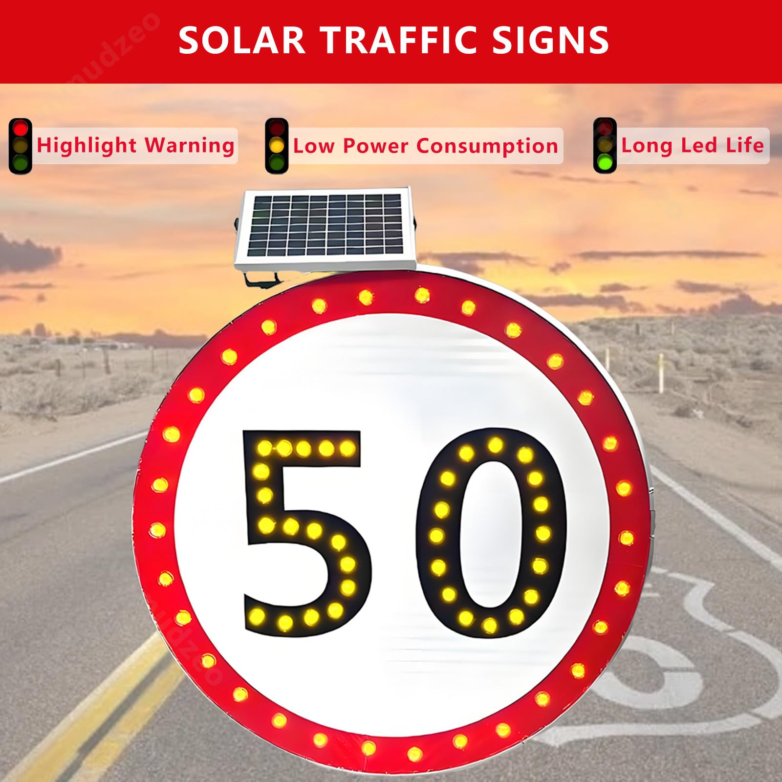Señal LED de límite de velocidad, pantalla de retroalimentación de tráfico alimentada por energía solar, señal de advertencia de radar de 600 mm para mejorar la seguridad vial y la regulación de