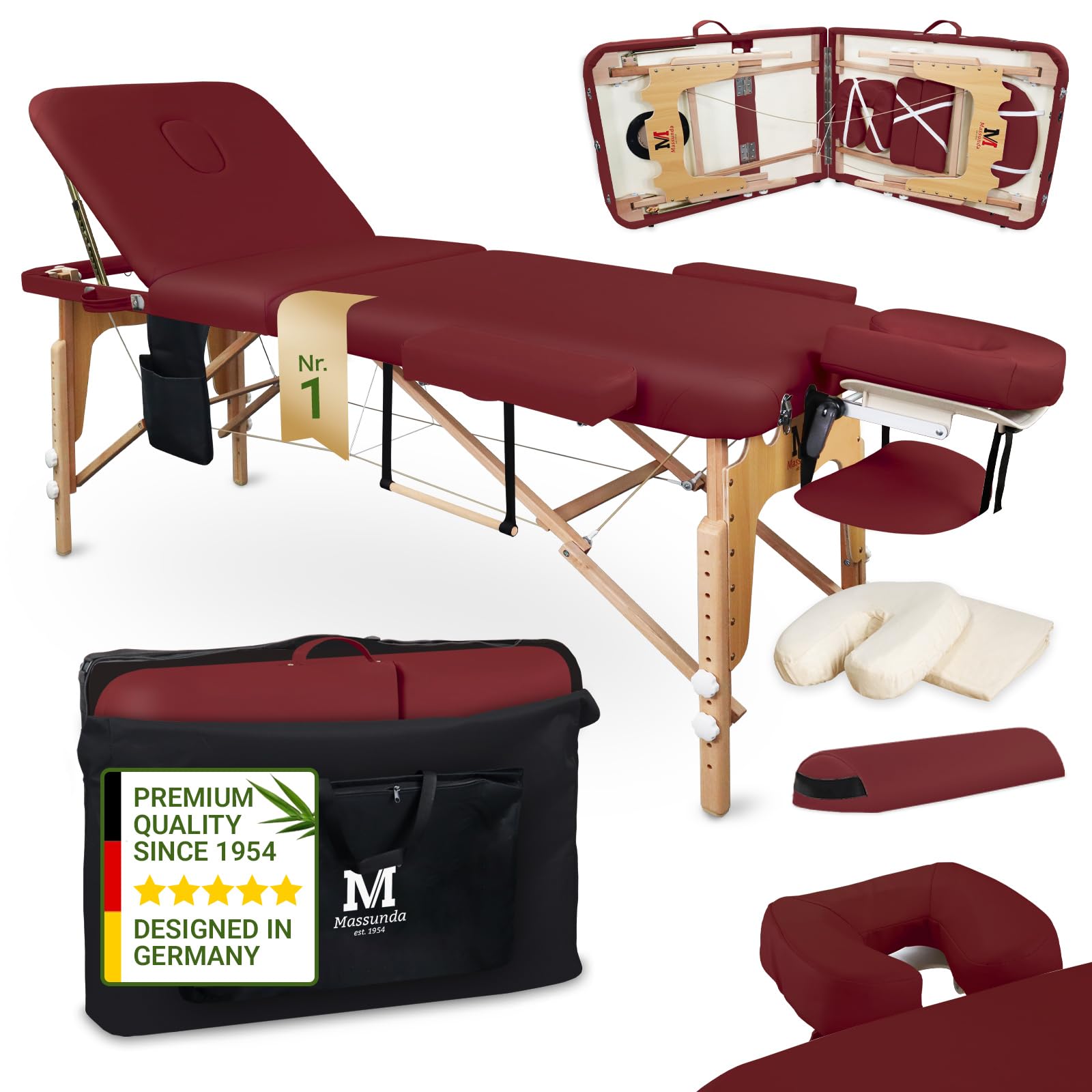 MASSUNDA All INKL Chaise de Massage Pliante et réglable en Hauteur – Table de Massage Mobile en Bois Massif avec Housse en éponge, accoudoirs et dossiers, appuie-tête Ergonomique (Bordeaux)