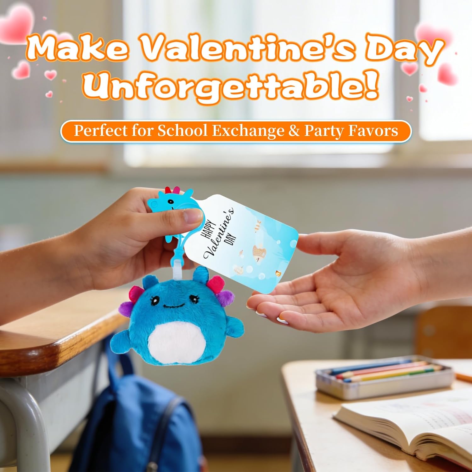 Shestal Valentines Day Gifts for Kids – 24 Pack Axolotl Plush Keychain Set with Classroom Cards, Cute Backpack Clips for Boys Girls, Candy-Free School Exchange, Party Favors for Students & Friends