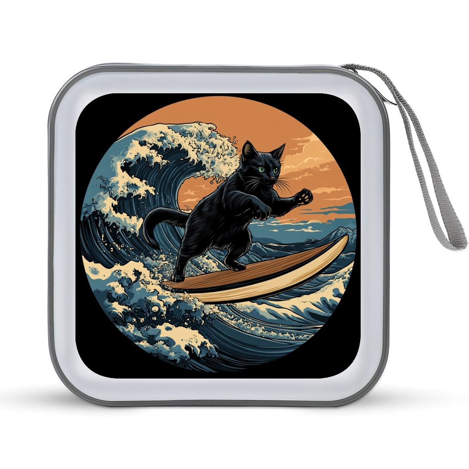 DuduYH Black Cat Surfing on The Wave CD Case DVD Storage Case Portable