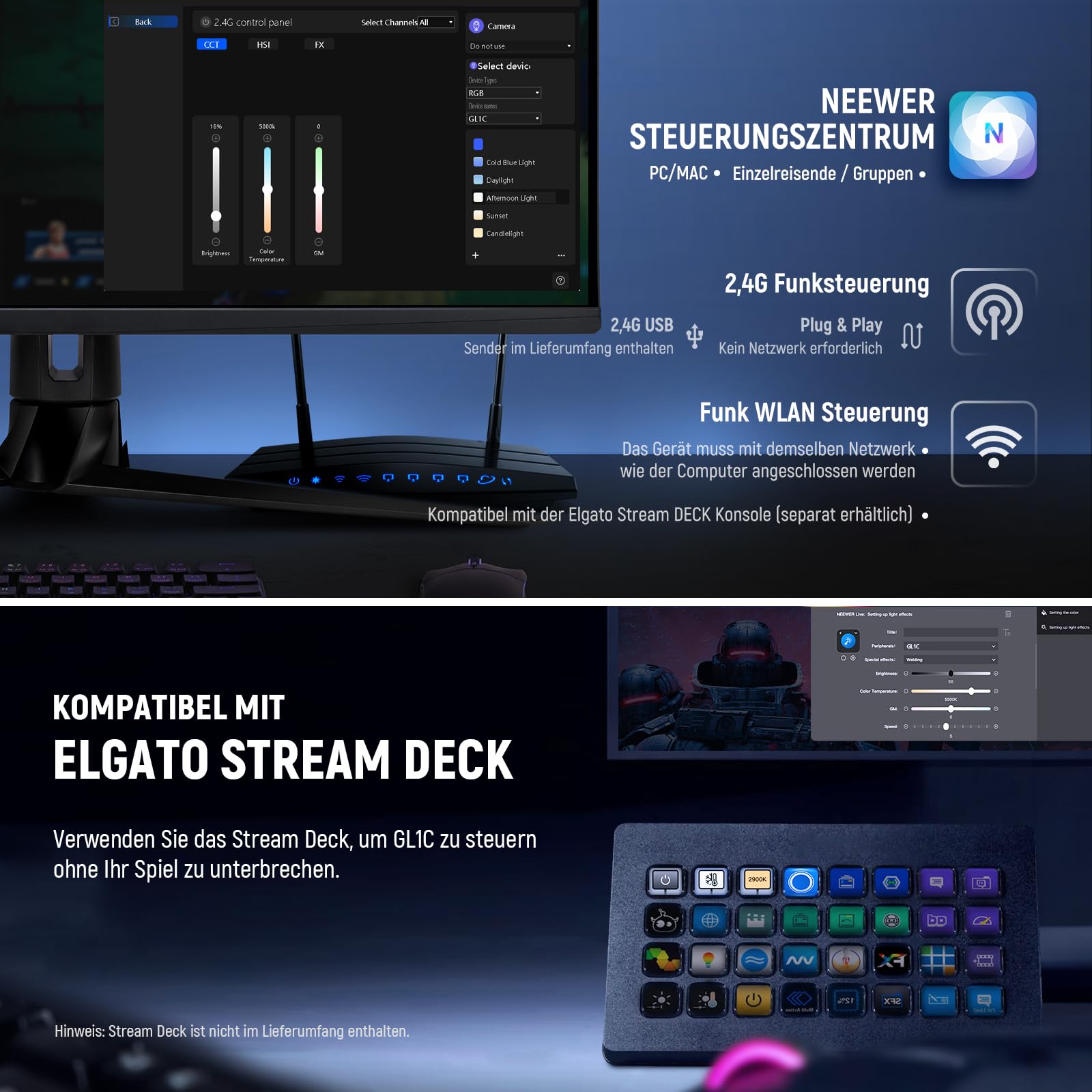 NEEWER GL1C RGB 15.5" Key Light, 48W LED Panel Licht, weiches Videoleuchte Streaming Gaming Videokonferenzen mit 2,4 G PC/Mac iOS/Android APP/WiFi/Stream Deck Steuerung, 2900K–7000K, 18 Szenen