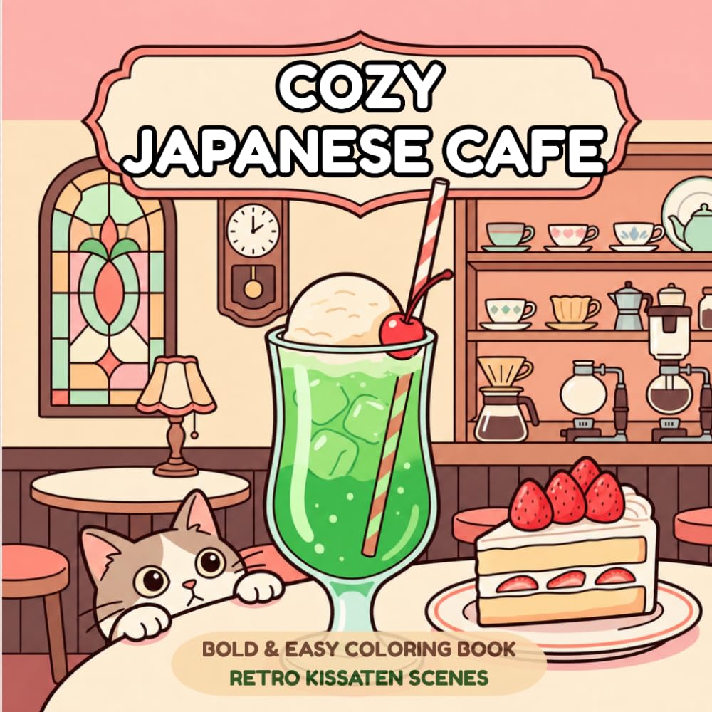 COZY JAPANESE CAFE: BOLD & EASY ADULT COLORING BOOK - RETRO KISSATEN SCENES