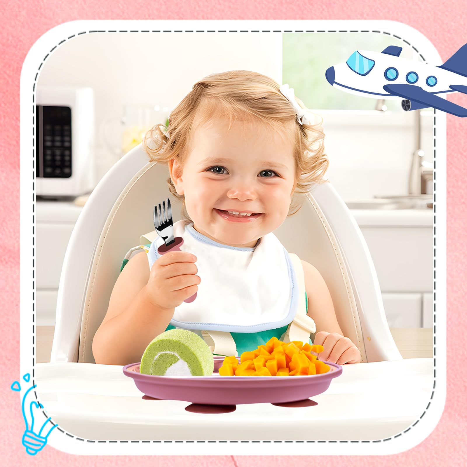 Set Piatto Svezzamento con Ventosa – Piatto Bambini in Acciaio Inox 304 e Silicone, Posate per Autoalimentazione BLW, Lavabile in Lavastoviglie, Antiscivolo, Senza BPA, Dai 6 Mesi
