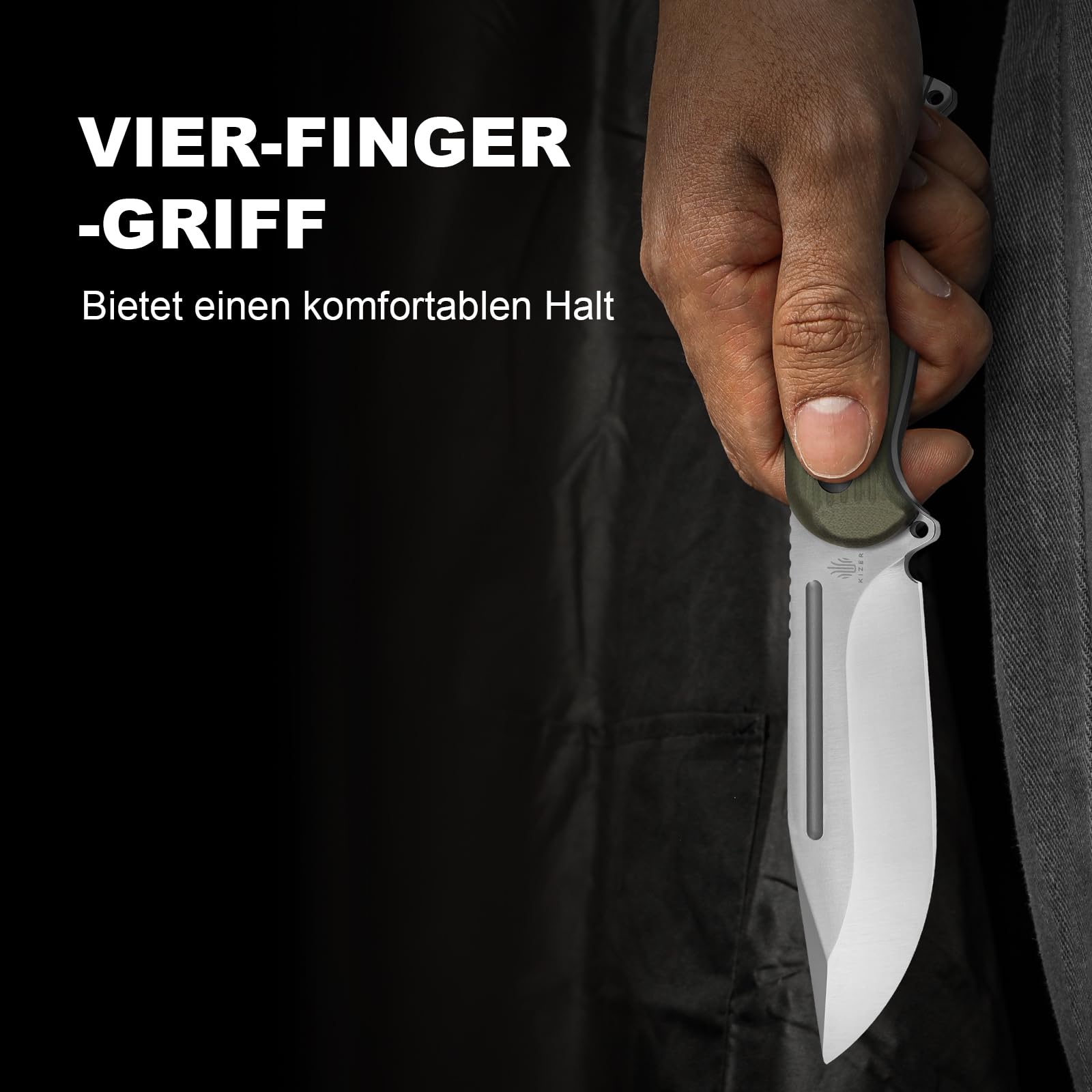 Kizer Ursa Major Survival Outdoor Messer mit Feststehende Klinge, 1082A2 | 11cm Clip Point AEB-L Klinge mit Ergonomischem Olivgrün G10 Griff, Bushcraft Messer mit Scheide & Hexagon Loch für Camping