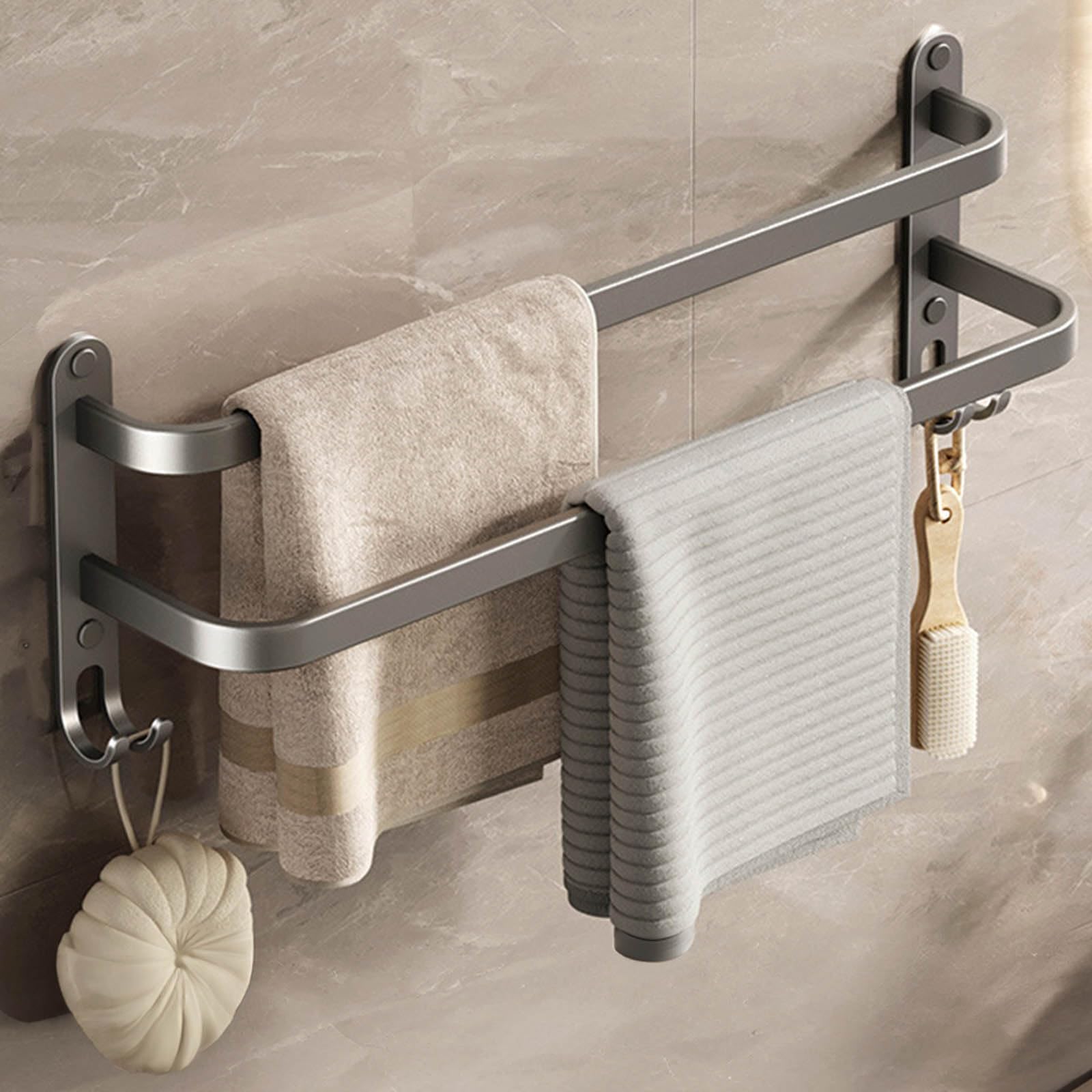 YumLock 40cm Aluminum Double Towel Bar with Side Hooks - Wall-Mounted Organizer Rack for Bath & Kitchen, Space-Efficient & Rust-Proof Design, Easy Install