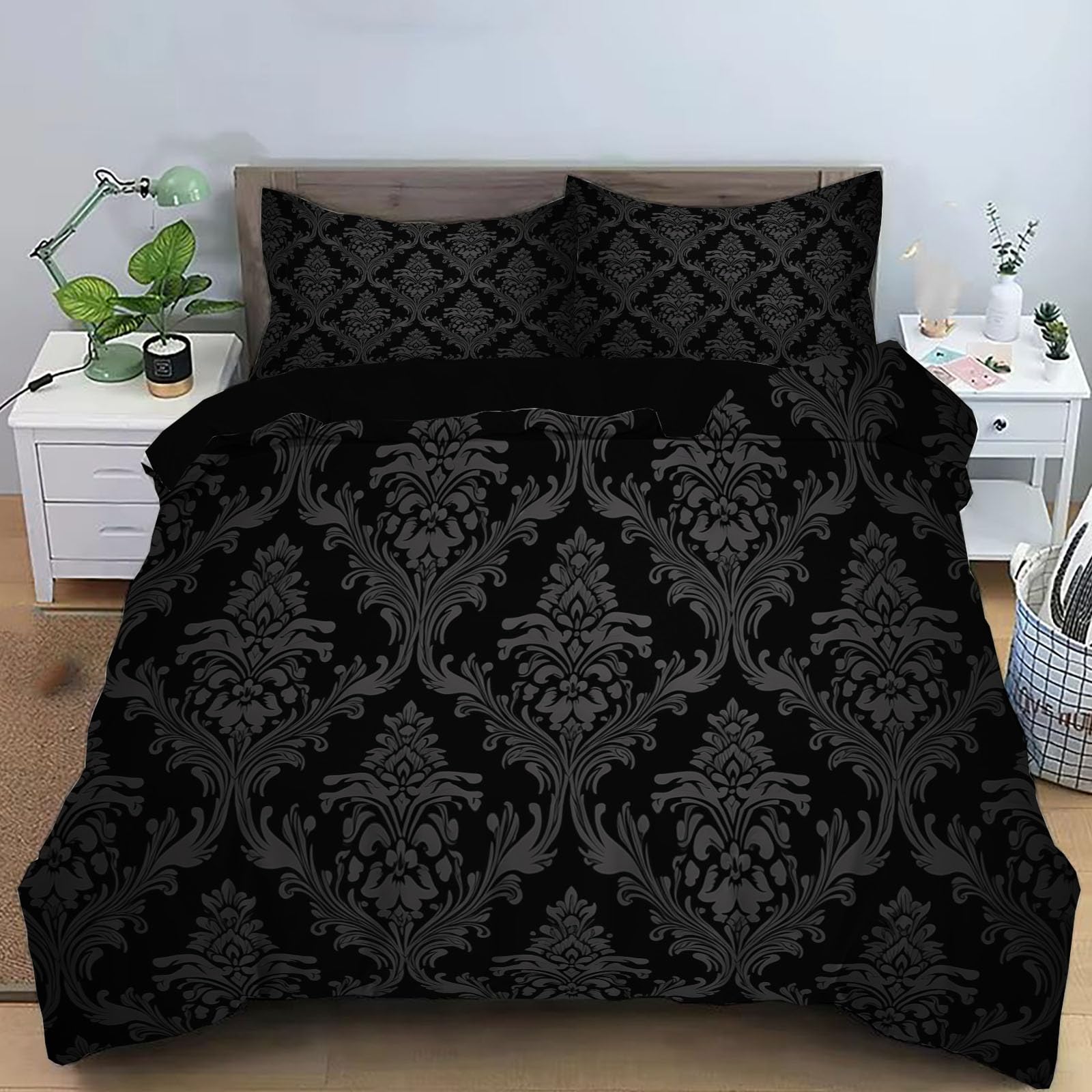 Set literie 260x240 noir gris damas avec housse de couette et taies