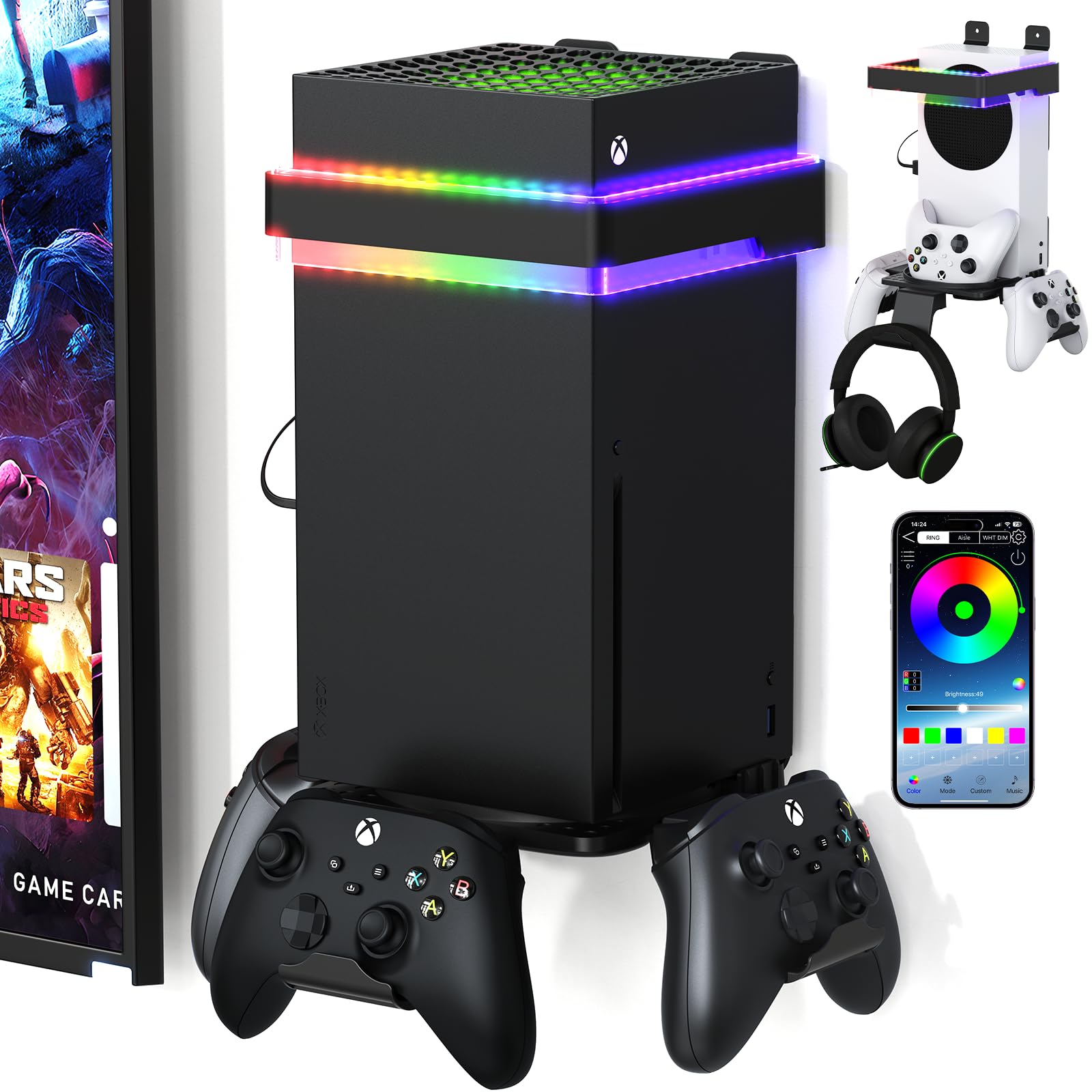 Wall Mount for Xbox Series X S with RGB Light Support APP Xbox X S Wall Shelf Kit