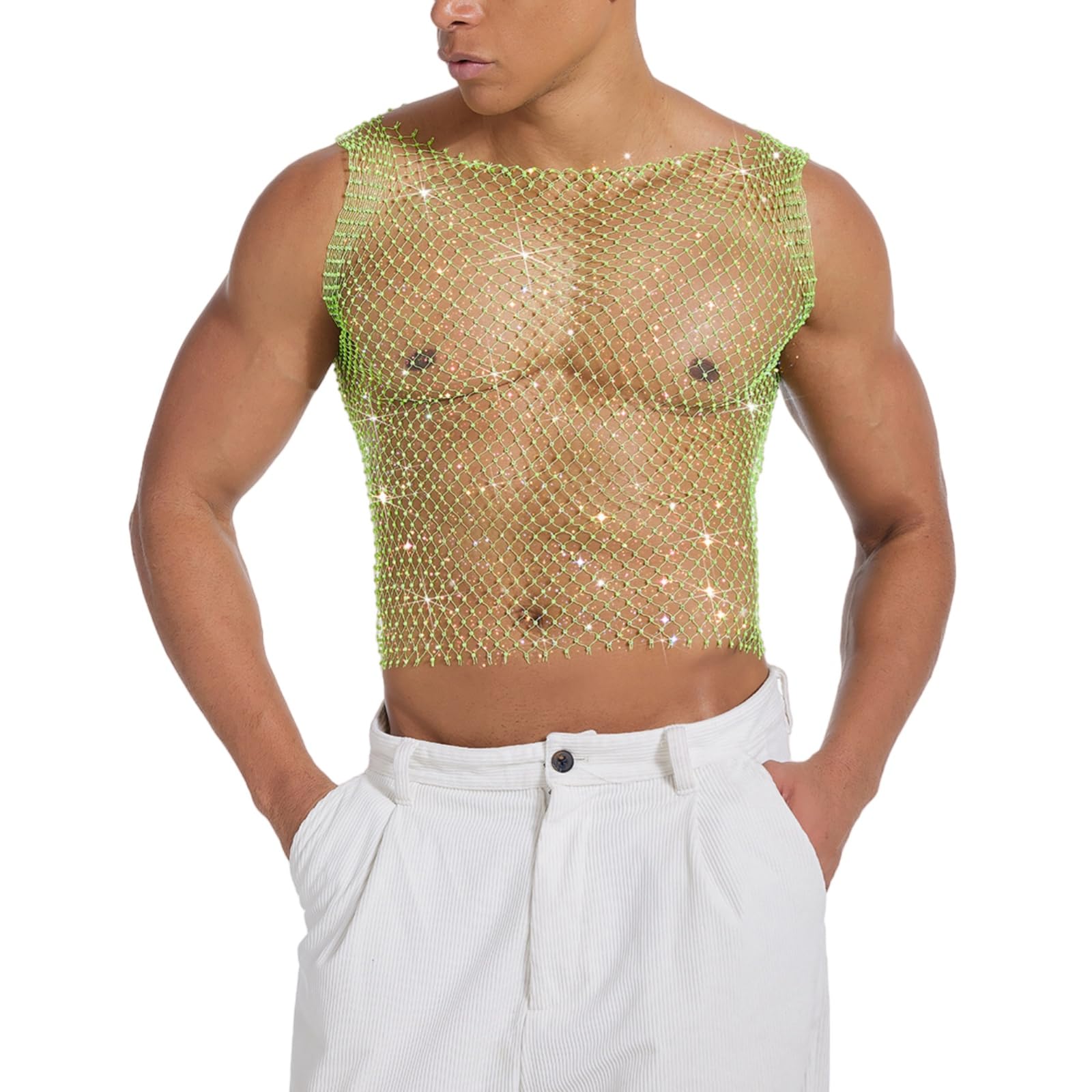 Hybursky Men's Fishnet Crop Top Sexy Glitter Vest See Through Sleeveless Shirts Hollow Out Muscle Tank Top Novelty Party Clubwear Music Festivals Rave Outfits（Green/XL）