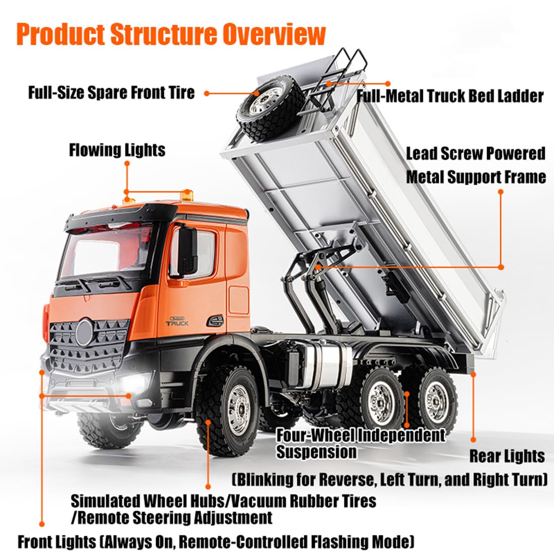 Camion di ingegneria RC per adulti, scala 1:14 14CH Full-proporzionale RC Dump Truck, per gli appassionati di veicoli di ingegneria, RTR/arancione