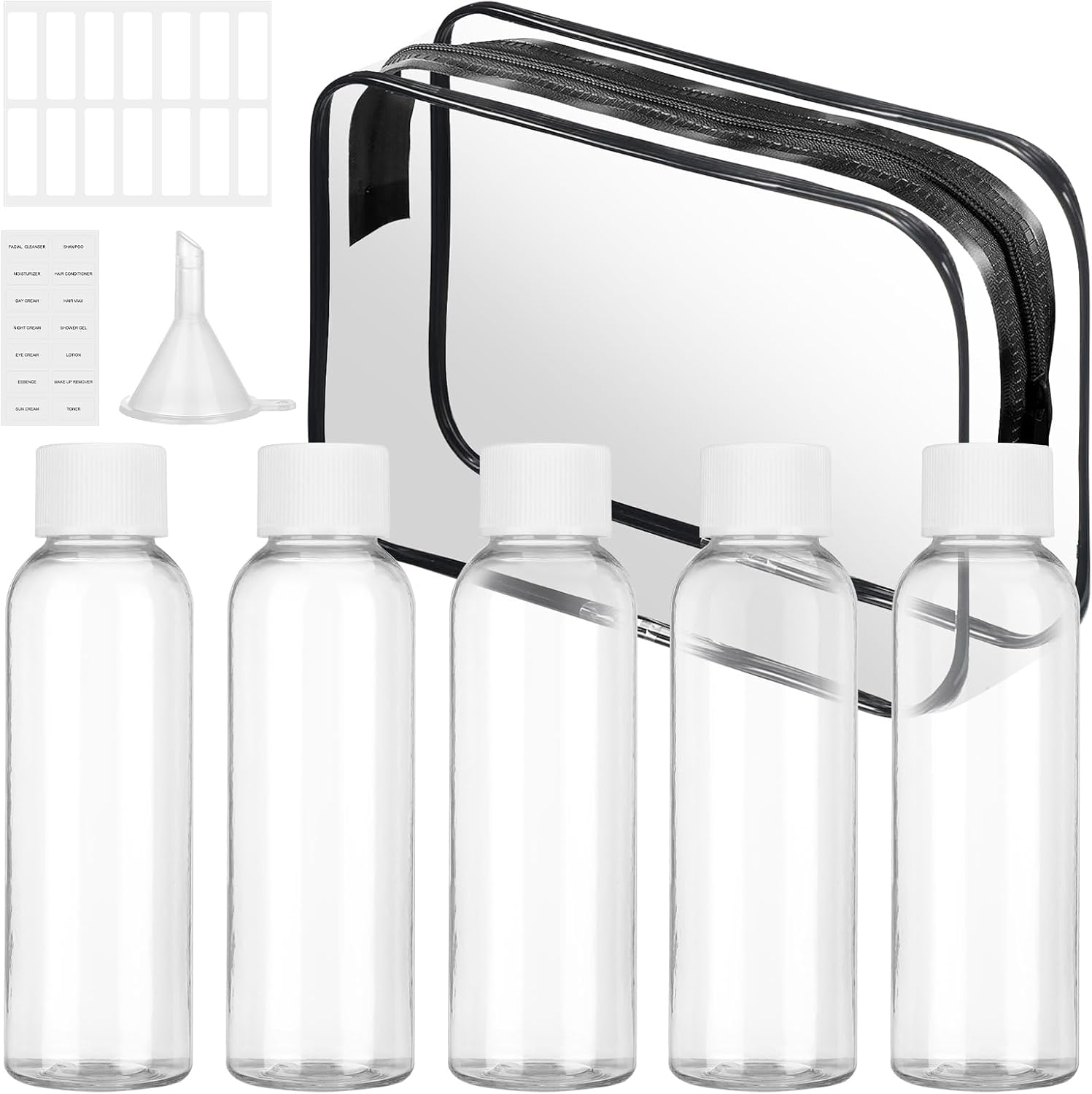 60ML Travel Bottles for Toiletries, 5pcs Clear Plastic Travel Bottle with Screw Lids, Leak Proof Refillable Liquid Containers, Air Travel Size Bottle with Bag, Labels for Cosmetics, Shampoos, Soap 60ML Travel Bottles for Toiletries, 5pcs Clear Plastic Travel Bottle with Screw Lids, Leak Proof Refillable Liquid Containers, Air Travel Size Bottle with Bag, Labels for Cosmetics, Shampoos, Soap