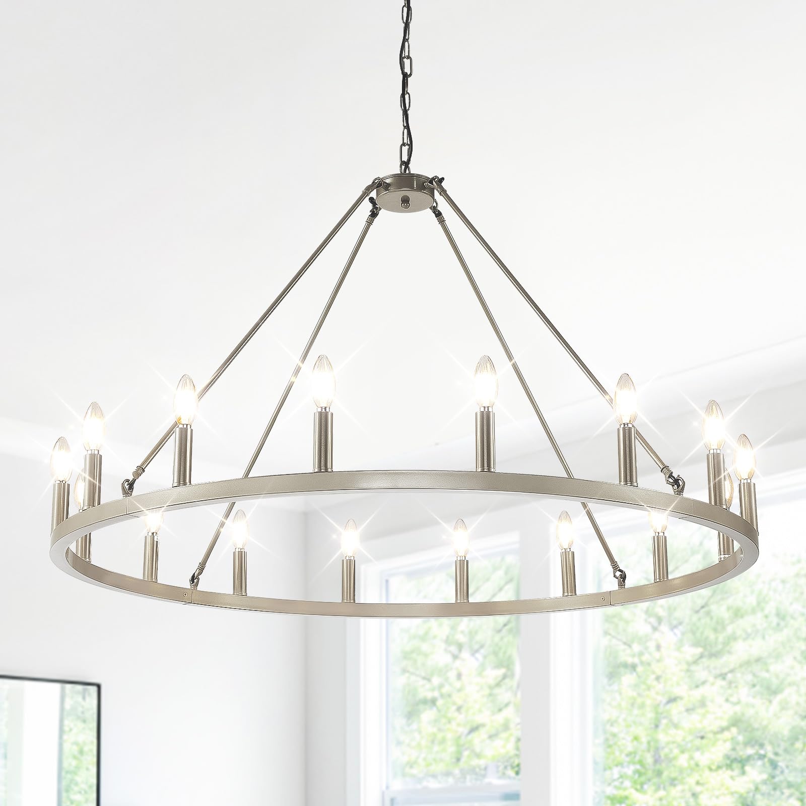 WJShome 16-Light Silver Wagon Wheel Chandelier Farmhouse, 43" Extra Large Chandeliers for High Ceilings, Rustic Round Chandeliers for Dinning Room,
