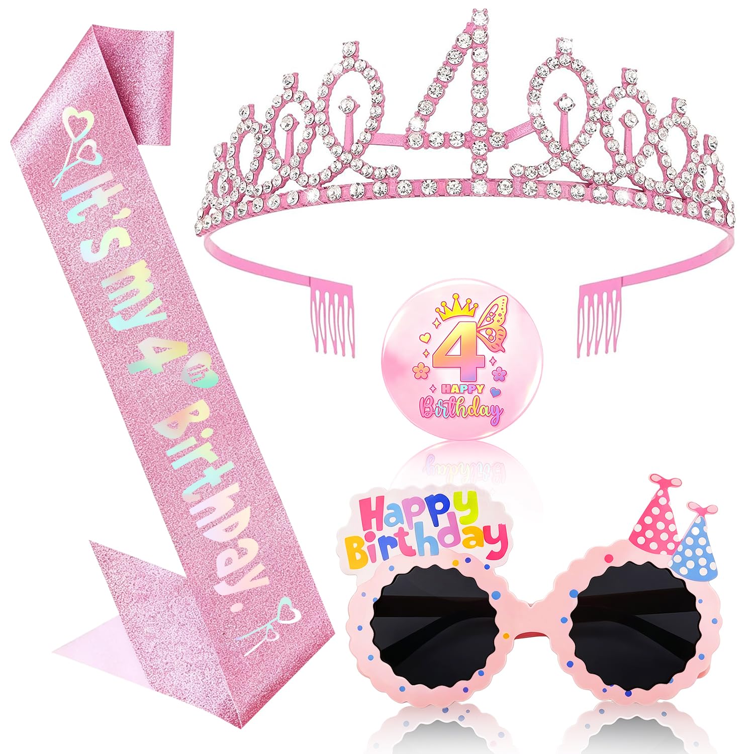 OLOSONG 4th Birthday Party Accessories Set - 4 Pcs Glitter Sash and Crown Kit with & Badge, Happy Birthday Sunglasses, 4th Birthday Decorations Gifts