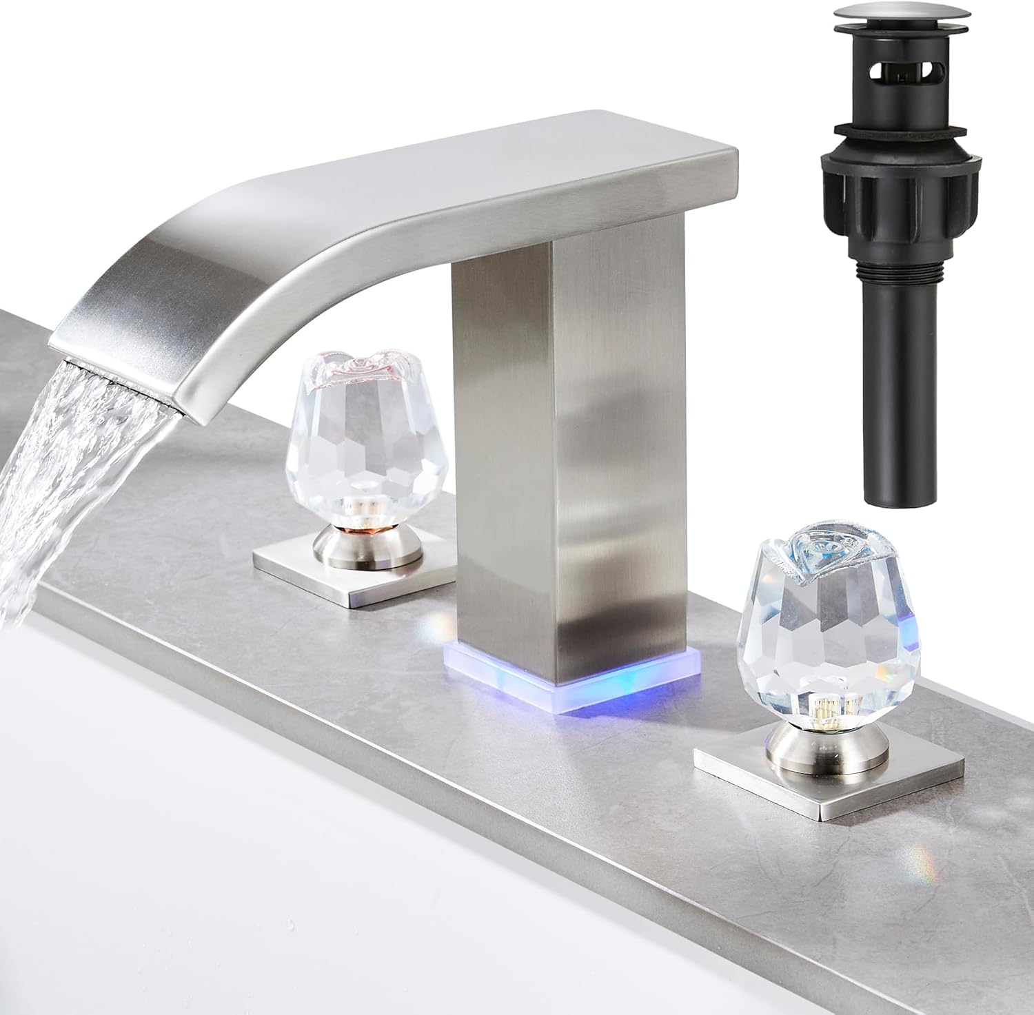 Bathroom faucets 3 Hole Widespread Modern Bathroom Sink Faucet 8 inch Matte Black Bathroom 3 Hole LED Light Waterfall Vanity Faucet Sink with Pop Up Drain (Matte Black)