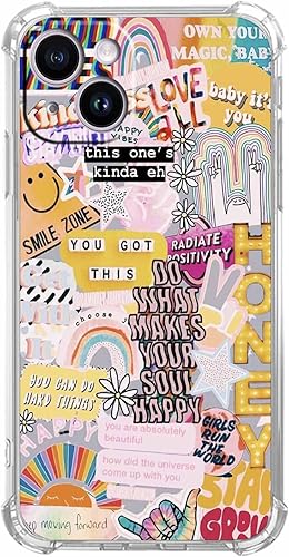 Funda con diseño de collage de citas positivas para iPhone 14 Plus, funda hippie de patrón estético indie para adolescentes y mujeres, funda única