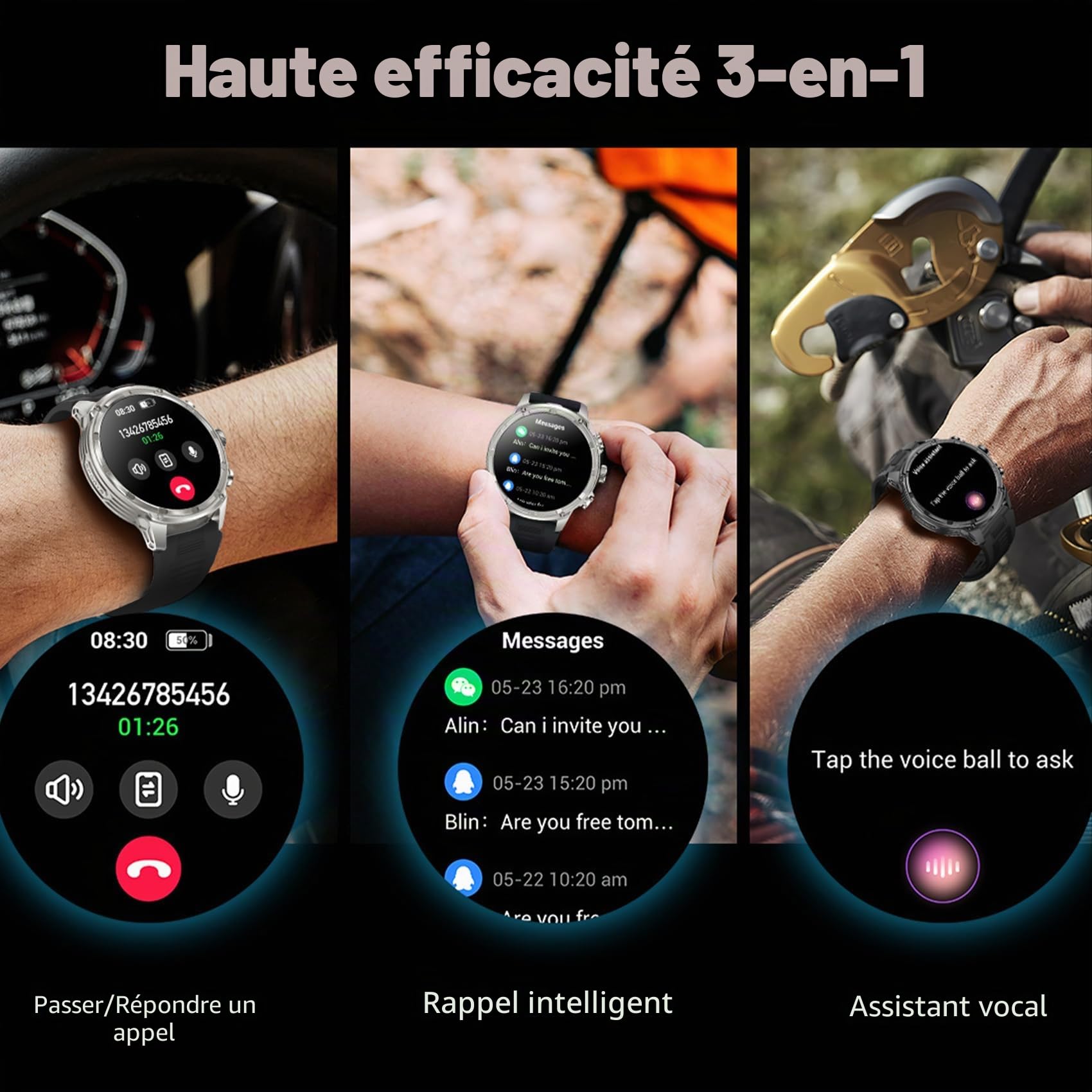 Montre Connectée Hommes,Téléphone LED Poche Batterie 750 mAh, 120 Modes Sportifs Montre de Fitness avec Fréquence Cardiaque, SpO2, Moniteur de Sommeil, 1.85 Pouce Noir Smartwatch pour Android iOS