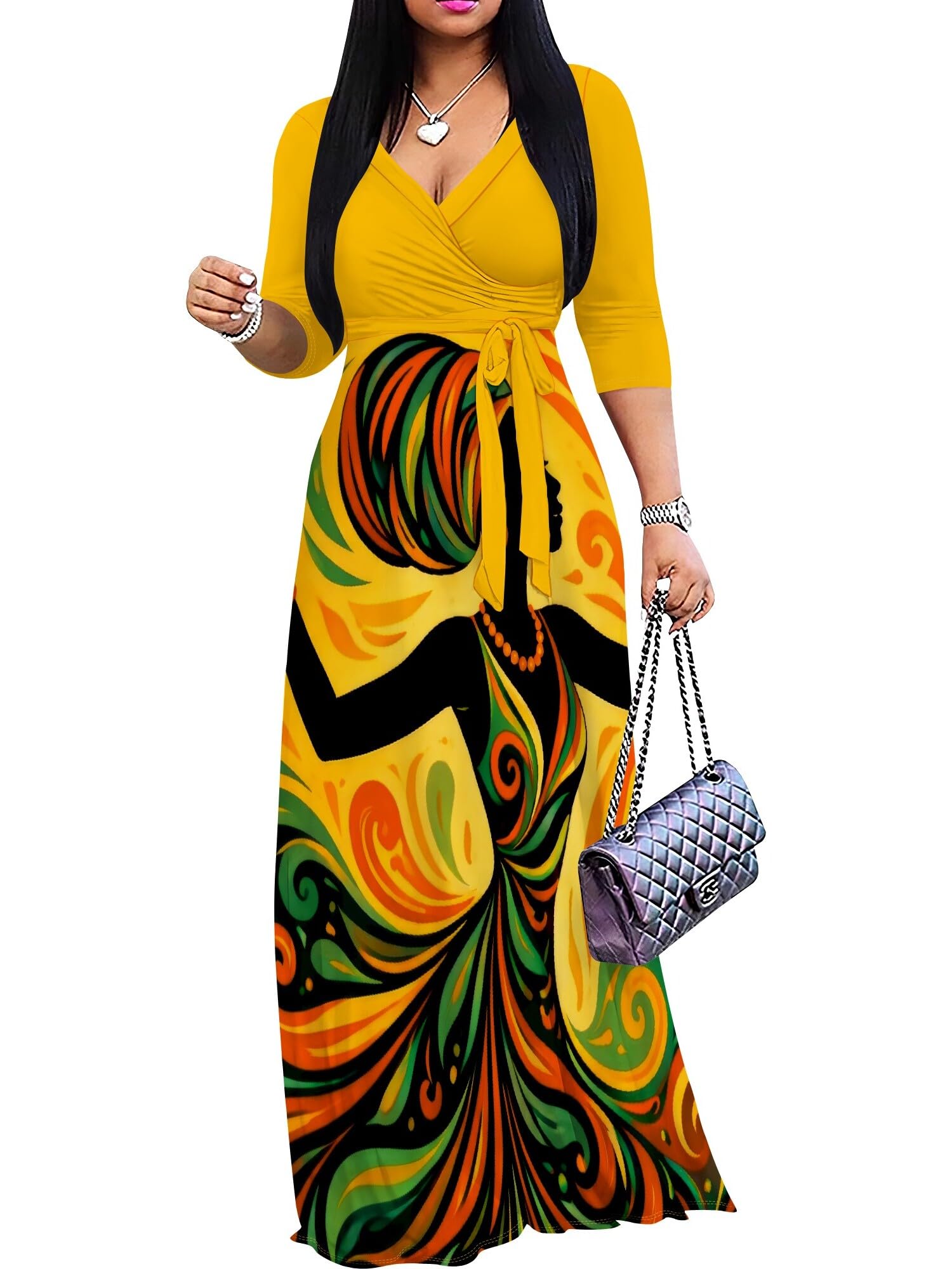 PinkPatty Women's Plus Size V Neck 3/4 Sleeve Wrap Maxi Dress with Belt