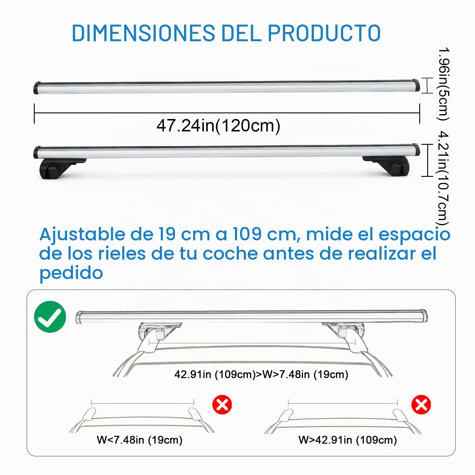 Barras de techo para coche, aluminio, distancia interior de la viga de techo 19-109 cm, apto para modelos con rieles de techo abiertos, soporta hasta 100 kg, adecuado para SUV y otros vehículos