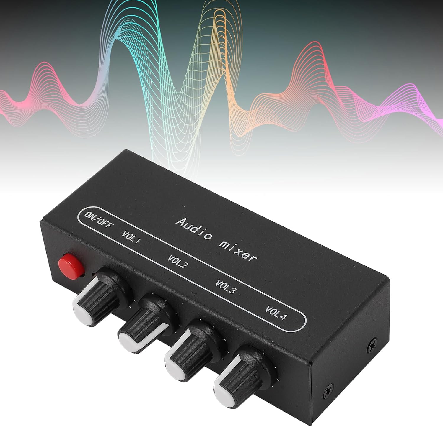 4 Channel Stereo Line Mixer, 1/8 Inch Input Output Audio Mixer with Independent Volume Control, Low Noise, Aluminum Alloy Casing for PC, Home Studio, Instruments
