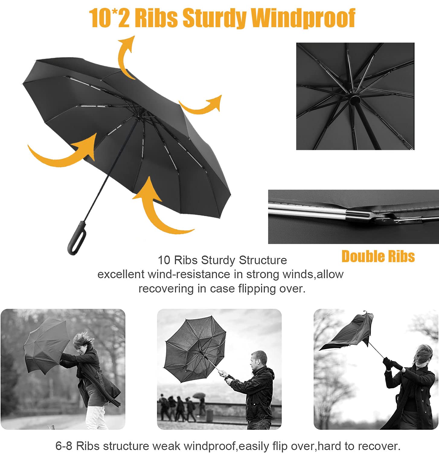 Grand Parapluie de Voyage Pliant de Golf Automatique Ouverture et Fermeture Résistant au Vent/Anti Tempete/Protection UV/Imperméable,Double Couche,10*2 Baleines,Pein Air Parasol Homme