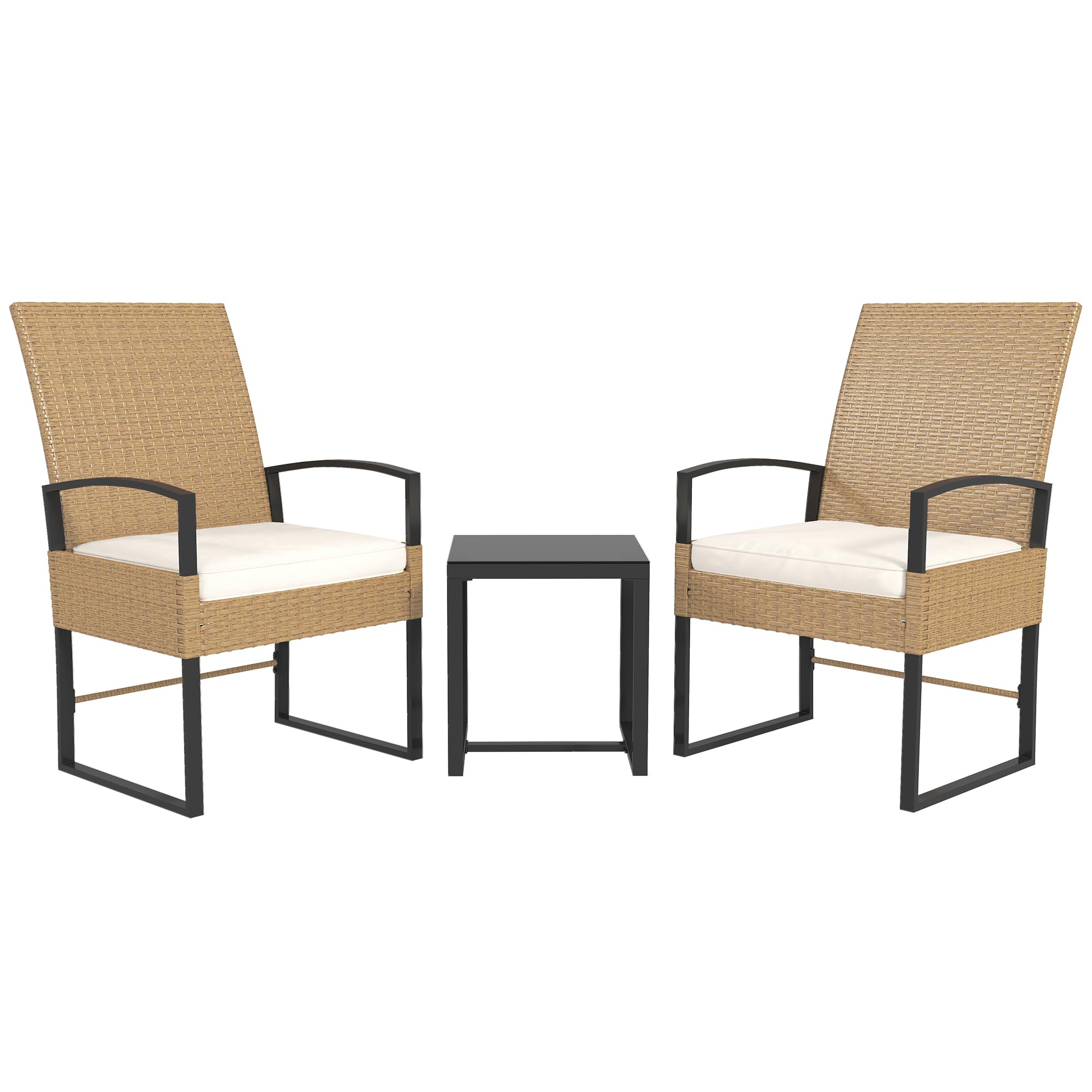 Outsunny Conjunto de Jardín Exterior de 3 Piezas con Respaldo Ajustable Juego de 2 Sillas y Mesa de Ratán con Cojines Acolchados y Encimera de Vidrio Templado para Balcón Terraza Beige y Blanco