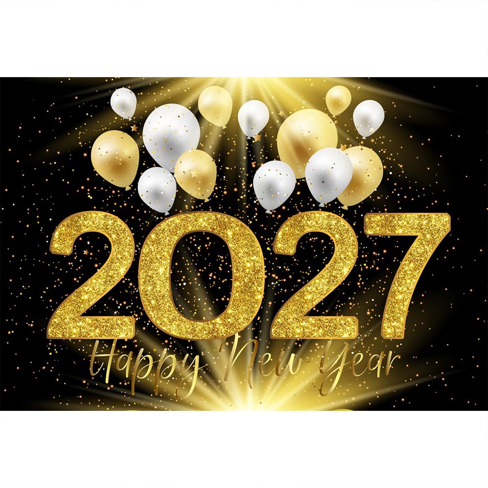 Aoihrraan Capodanno Sfondo 4,5x3m Dorati Palloncini Accessori Fotografici | 2027 Particelle Glitterate Oro Fotografia, Stampa Nitida E Vivida, Per Festività Ritratti Di Famiglia Compleanni Anniversari