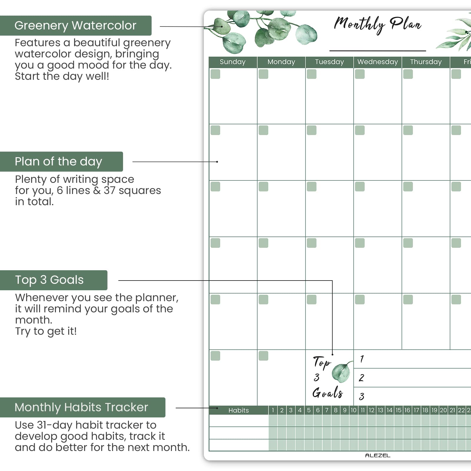 ALEZEL Magnetic Dry Erase Calendar for Fridge, Greenery Monthly Fridge Calendar Whiteboard Set - Vertical Monthly Calendar for Refrigerator, Grocery & to Do List White Board, 3 Markers + Eraser 1