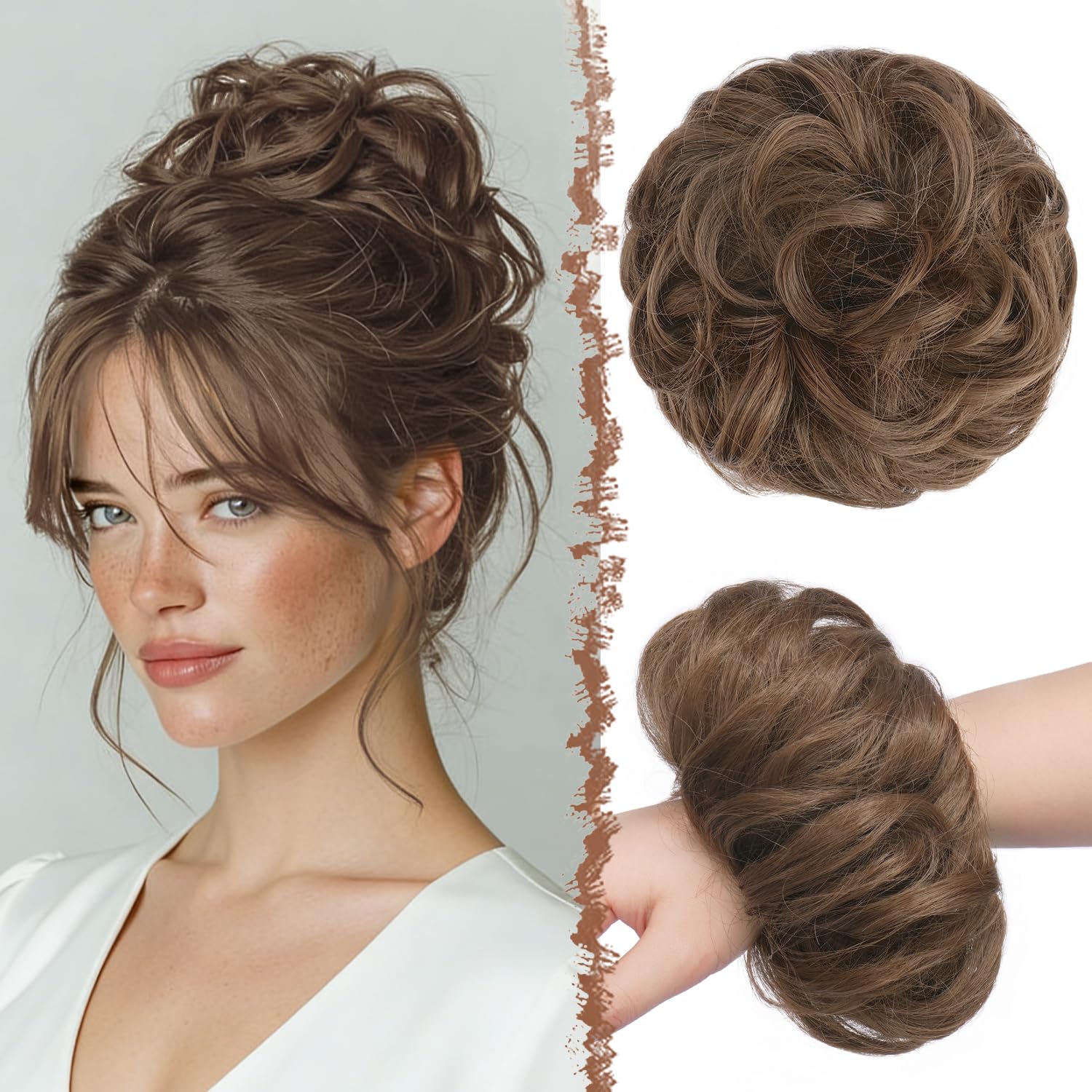 Photo 1 of FESHFEN Large Messy Bun Hair Piece - Wavy Synthetic Chignon Scrunchies Elastic Ponytail Hair Extensions Thick Hairpieces for Women, Golden Brown 1.94oz
