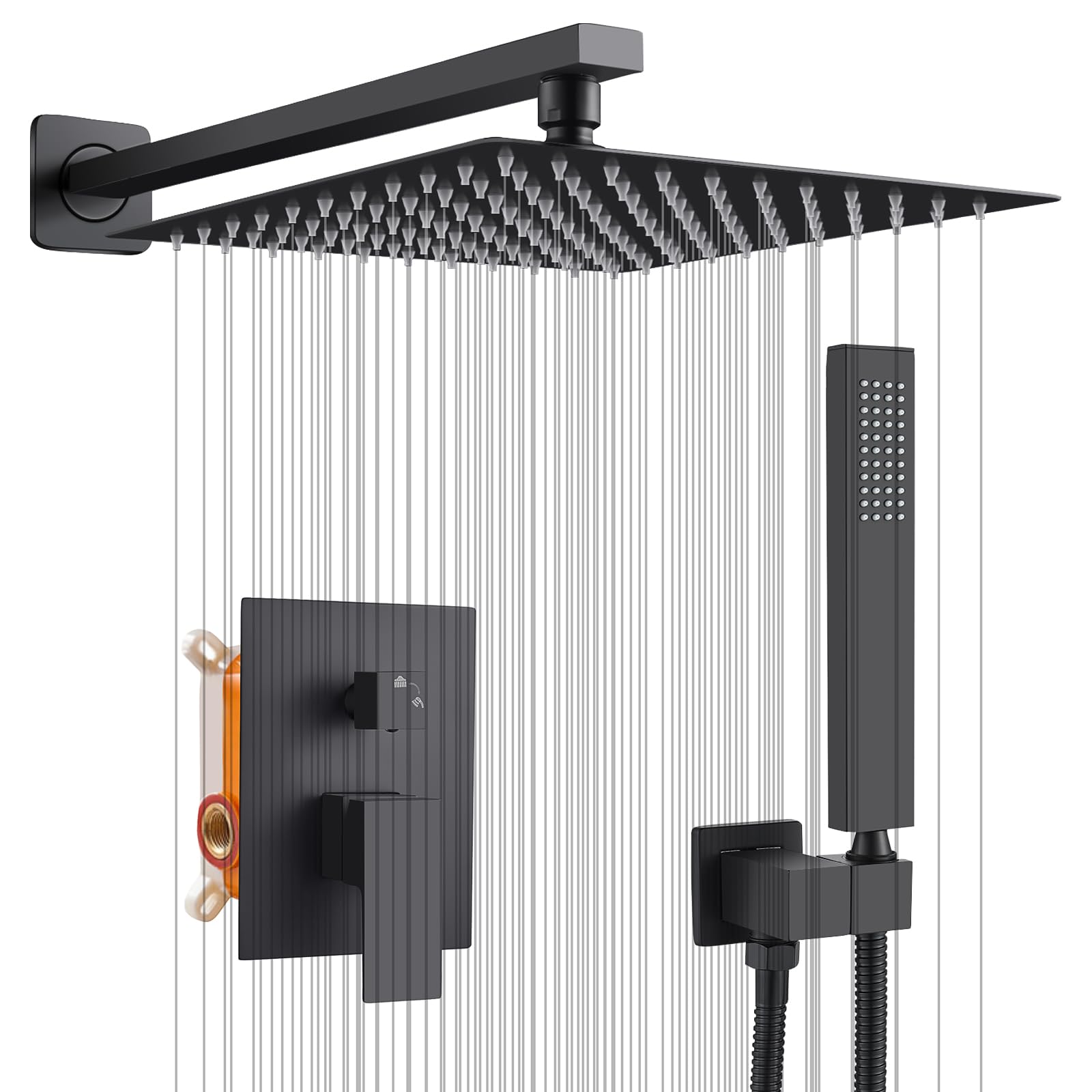 Concealed Shower Set Black, Shower Head and Hose Set 2 Ways, Rainfall Shower System with 10-Inch Shower Head Square, Brass Single Lever Shower Mixer Valve Tap, Stainless Steel Handheld Spray Head